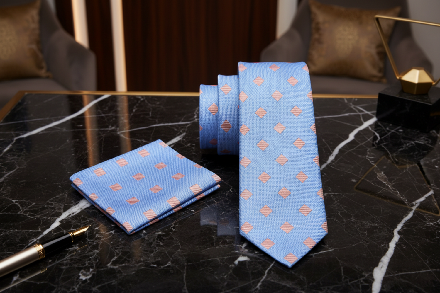 Alt: Light blue, salmon diamonds necktie and Square