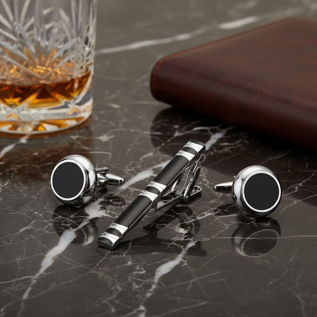 chrome and black tie bar and cufflinks