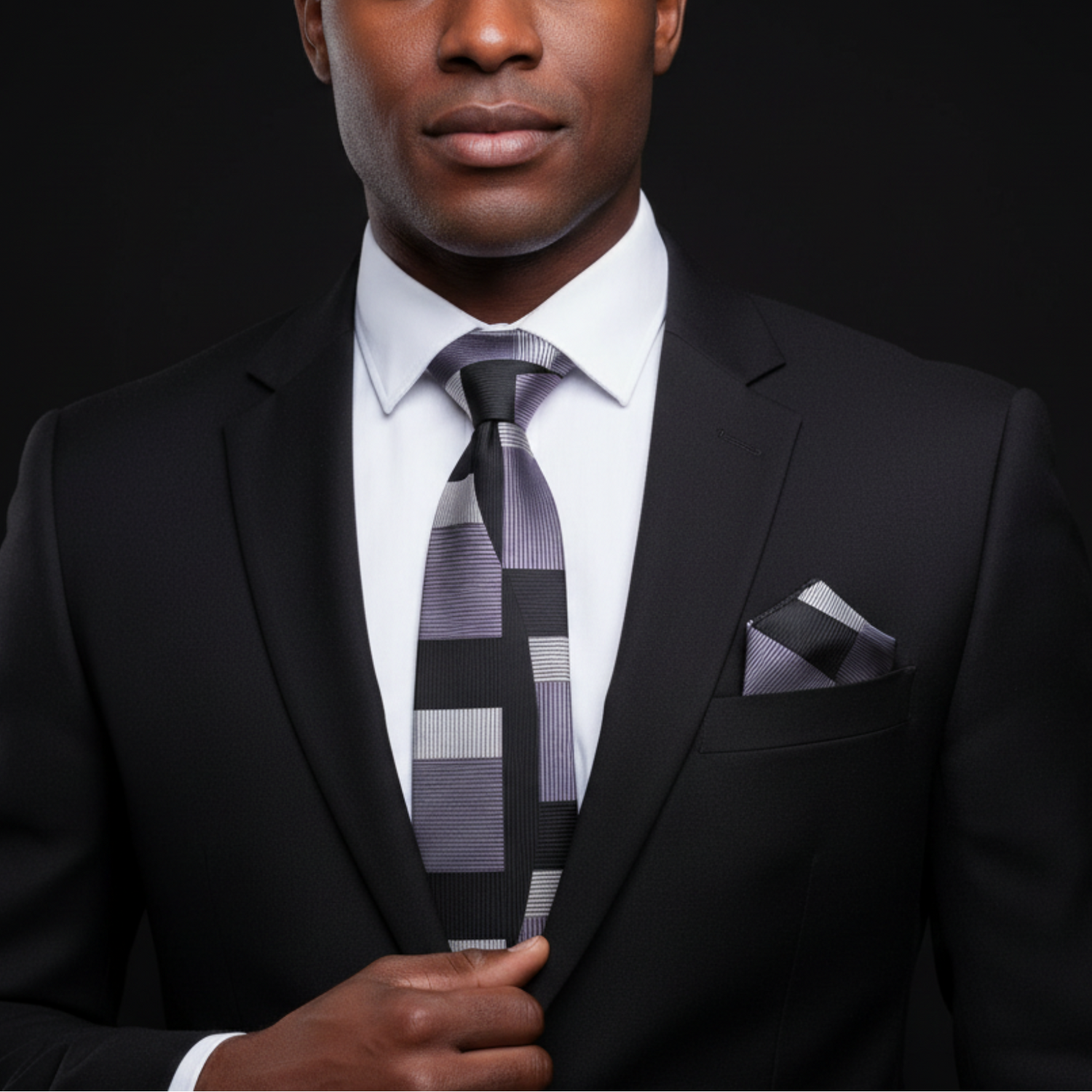 Man wearing a black suit with a patterned tie and pocket square on a dark background
