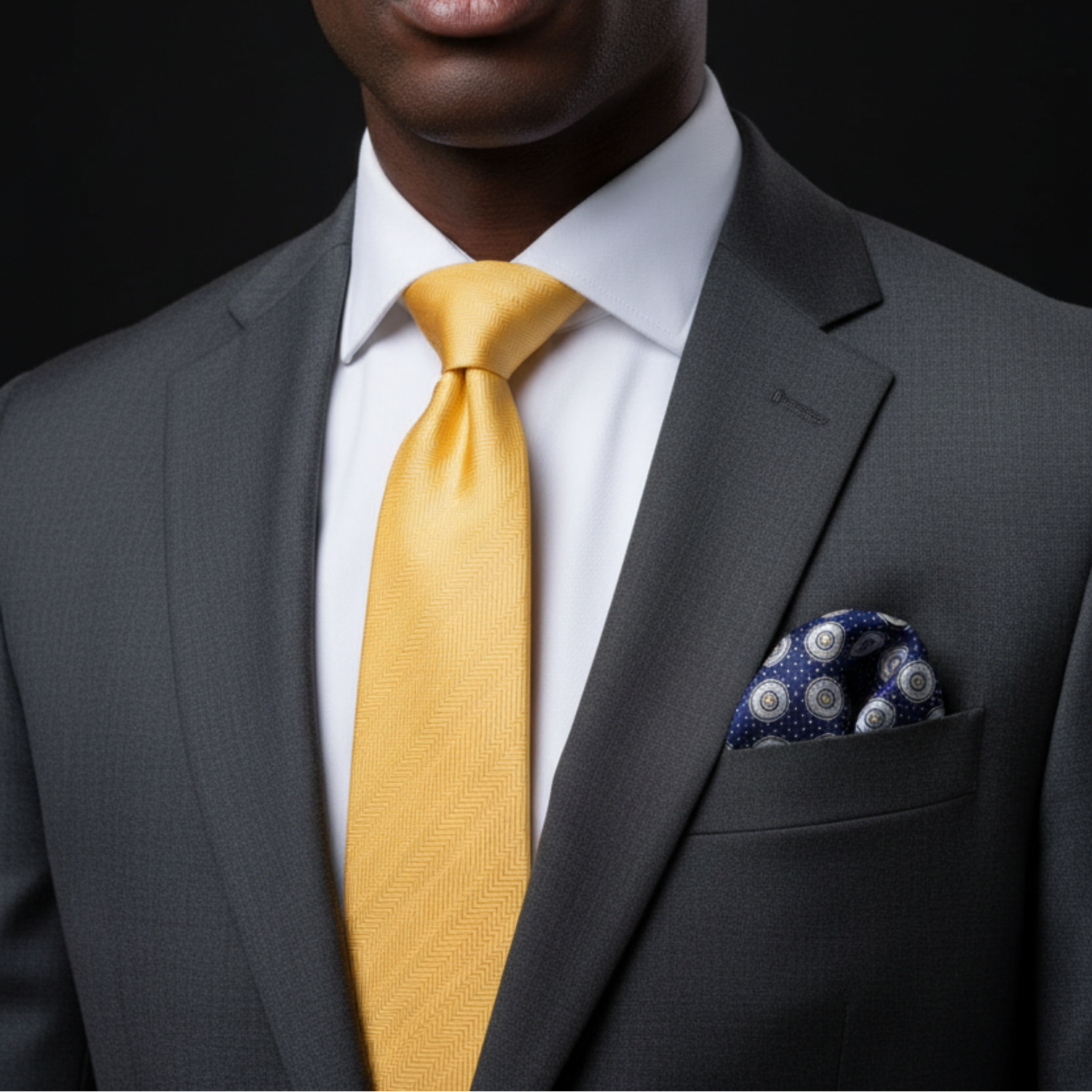 Man wearing a gray suit with a yellow tie and patterned pocket square on a black background