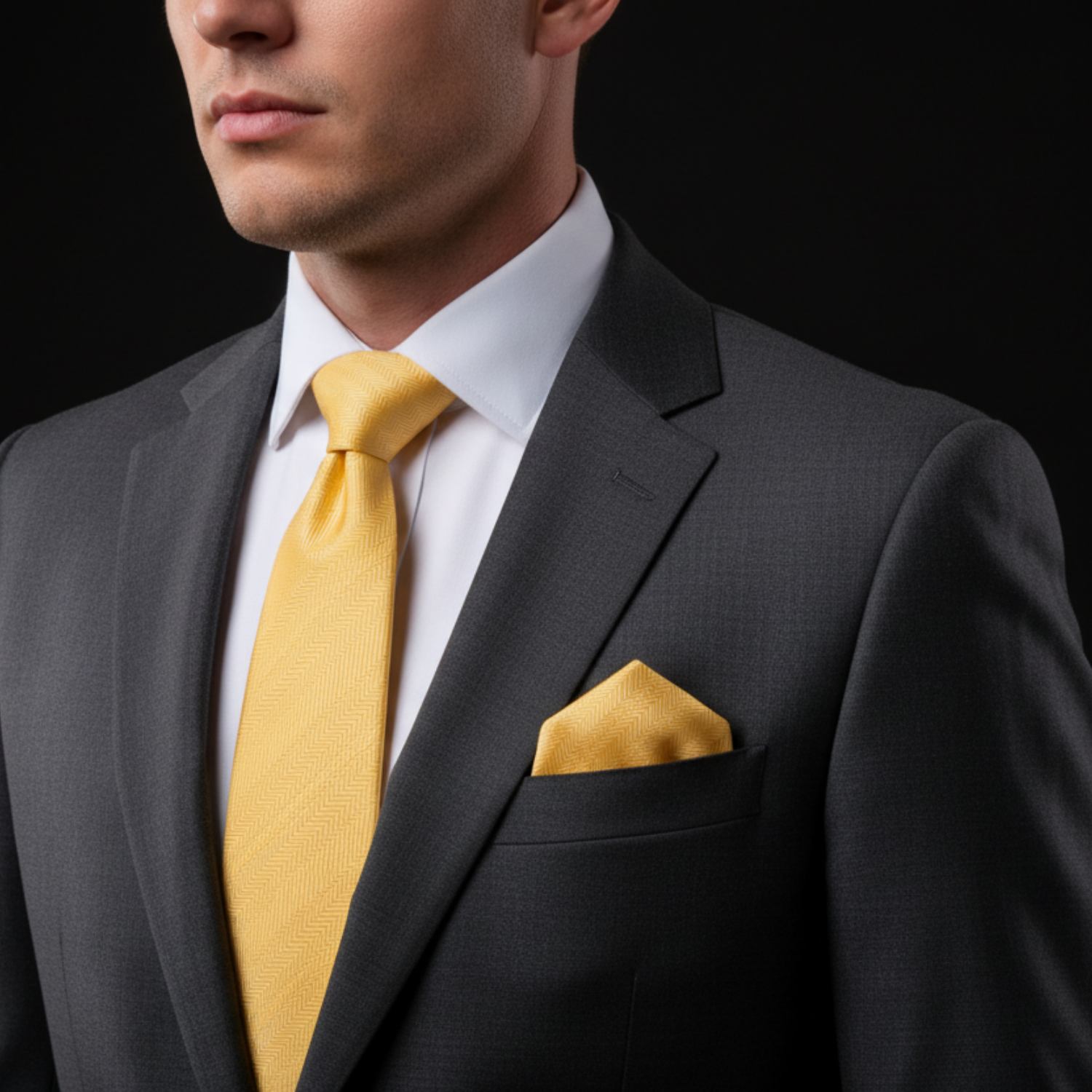 Man wearing a gray suit with a yellow tie and pocket square on a black background