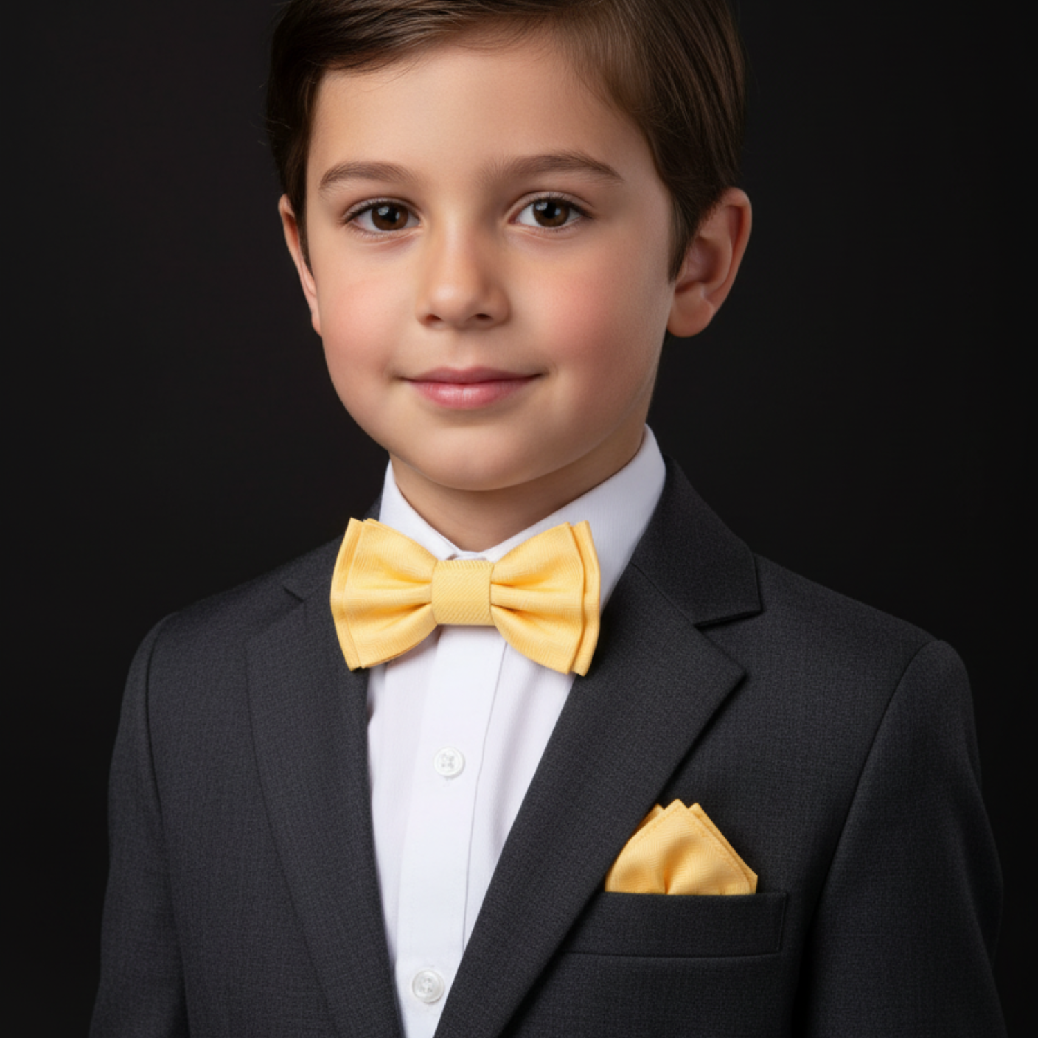 Young boy in a suit with a yellow bow tie against a black background