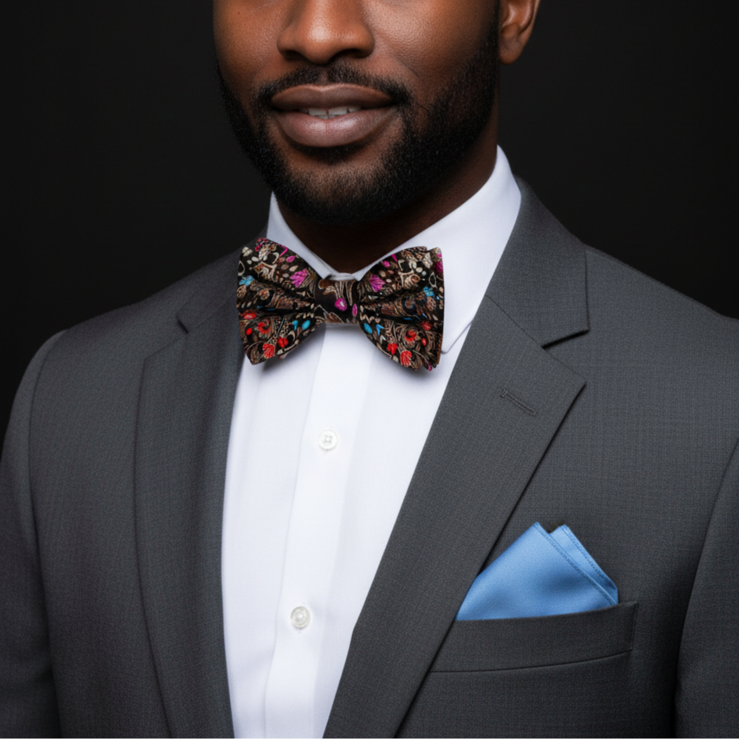 Black, Blue, Red Floral Bow Tie and Blue Square on man