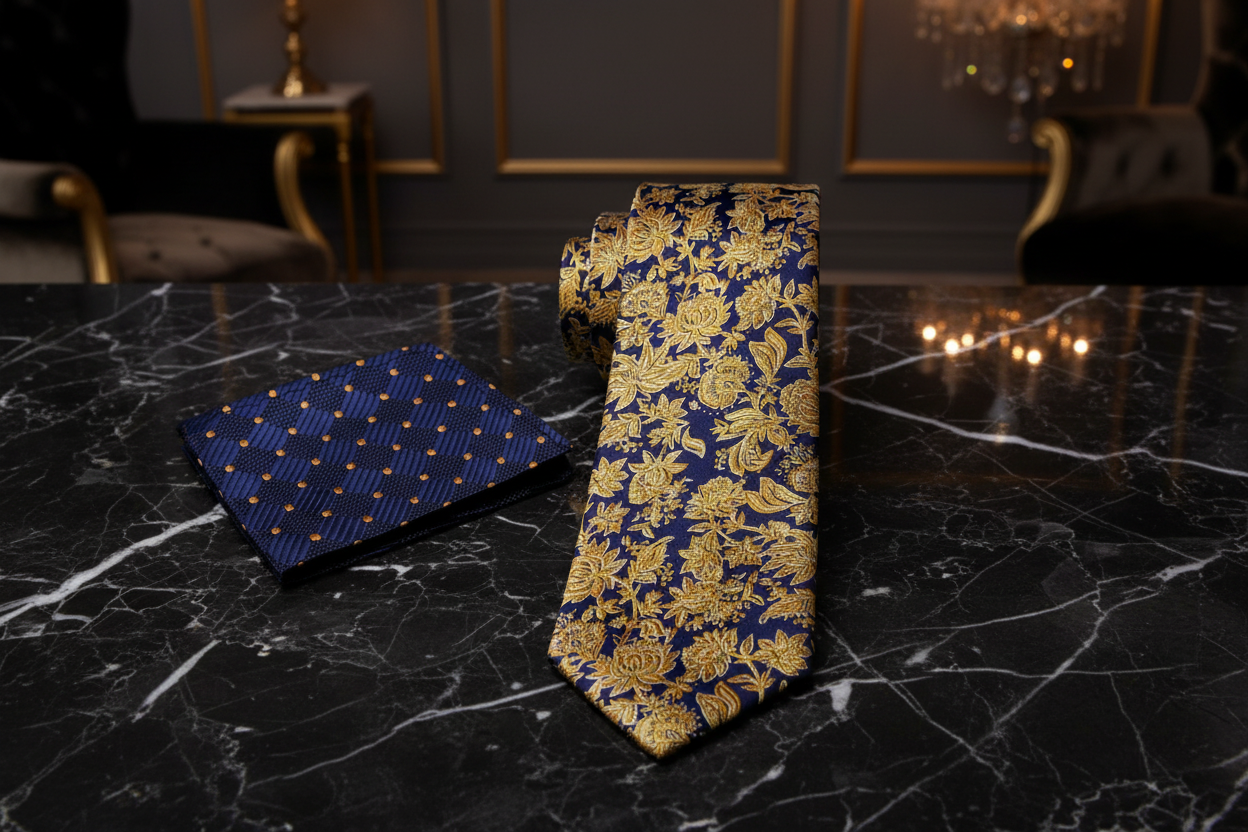 Alt Dark Blue Antique Gold Floral Necktie and Accenting Square