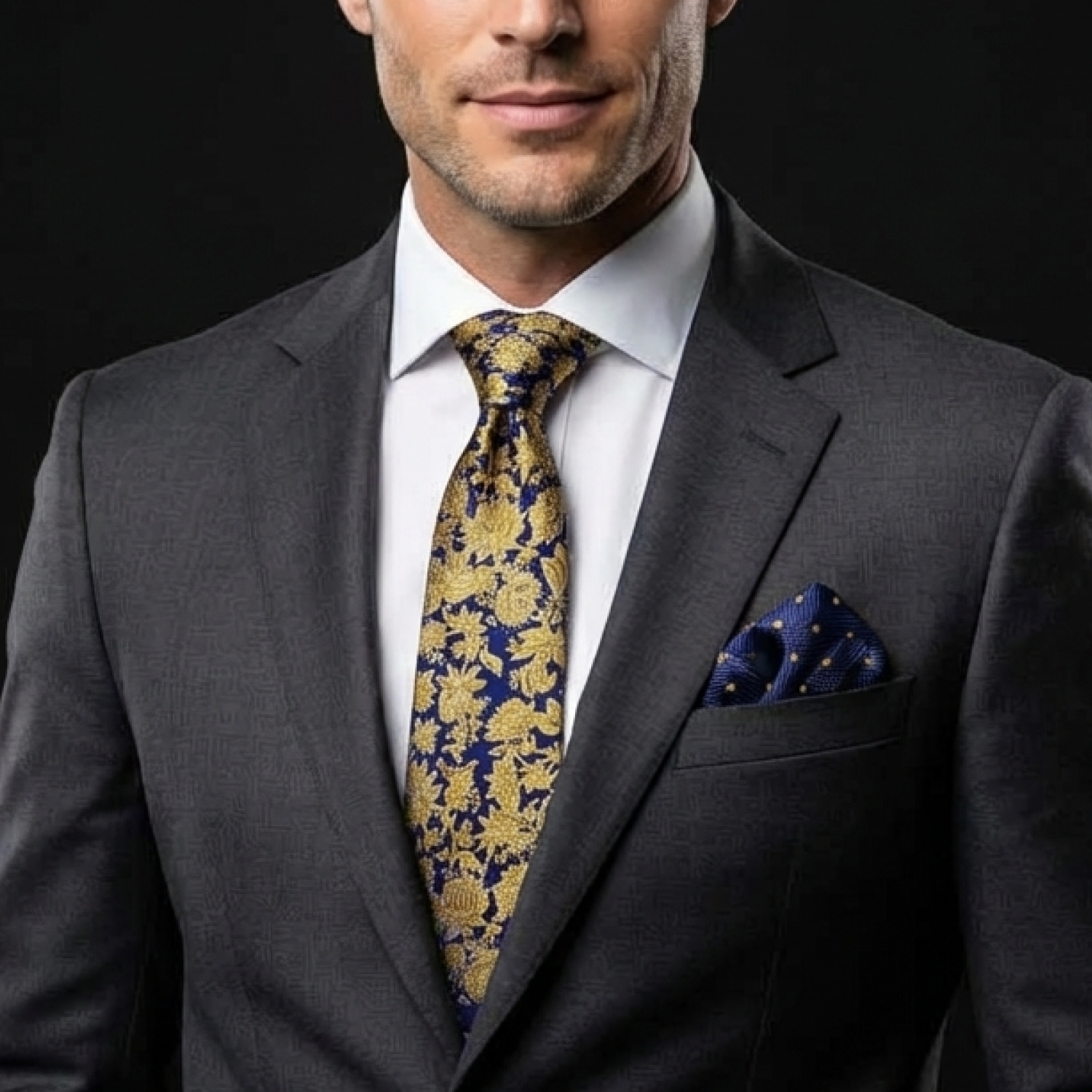 Man wearing a gray suit with a gold and blue patterned tie and pocket square on a black background