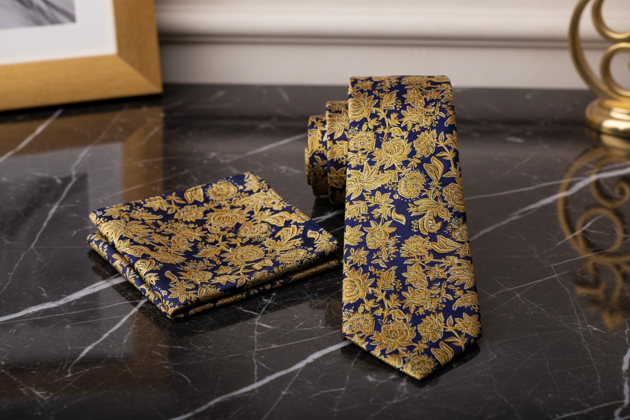 Alt Dark Blue Antique Gold Floral Necktie and Square
