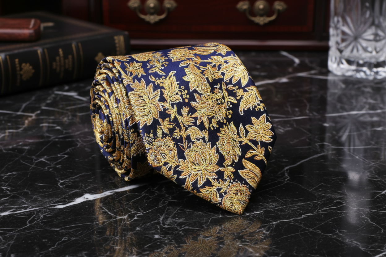 Dark Blue Antique Gold Floral Necktie av 