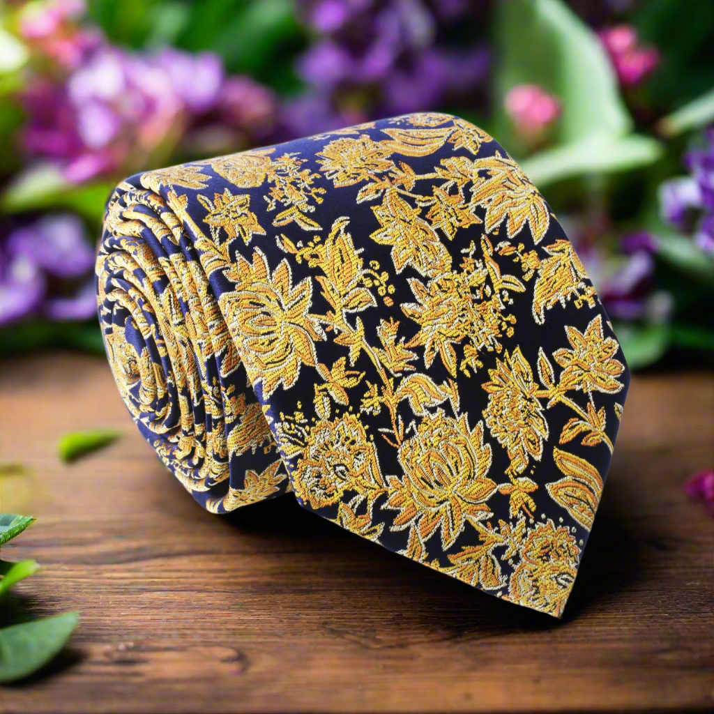 Deep Blue and Yellow Orange Gold Floral necktie