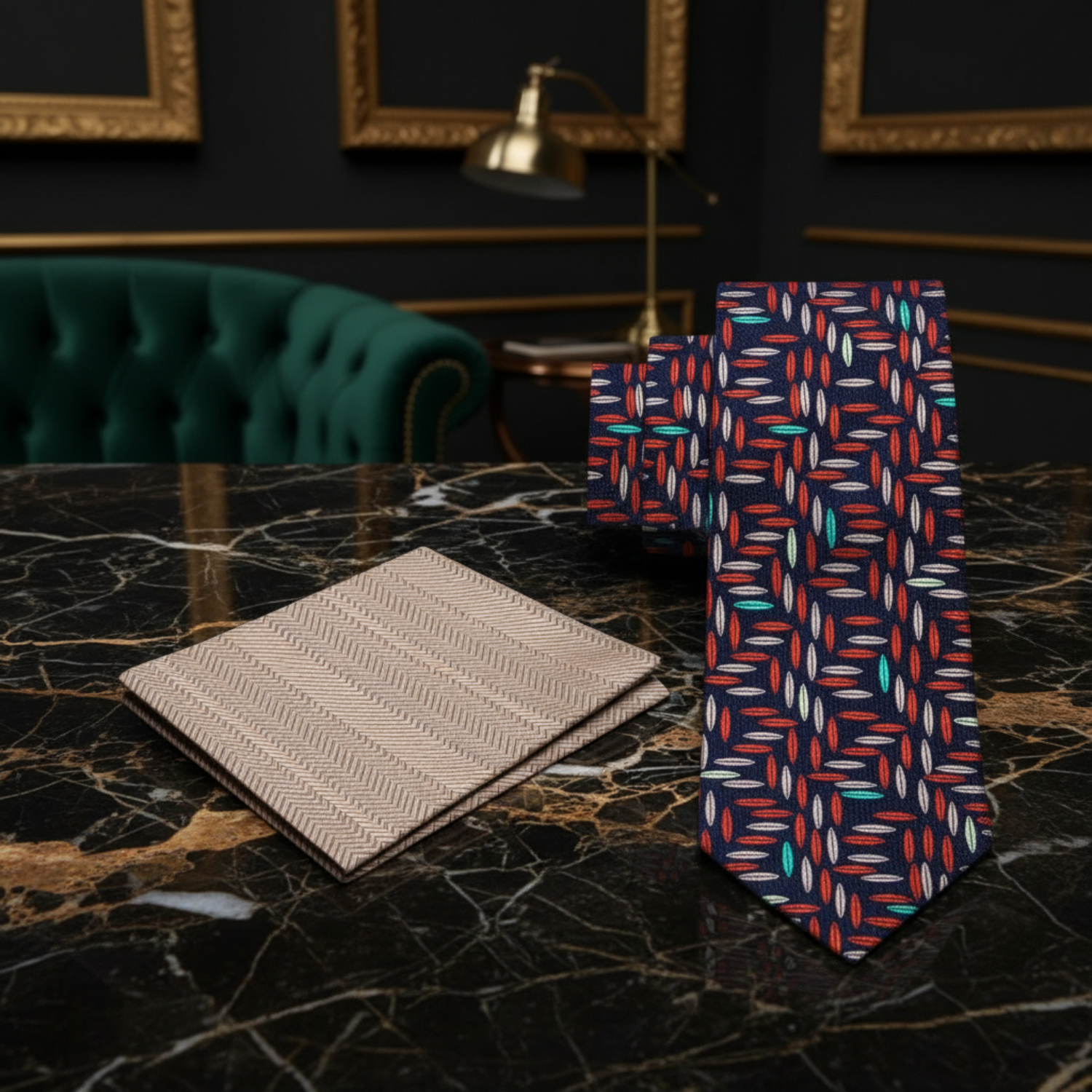 dark blue, red and brown rice tie and light brown pocket square