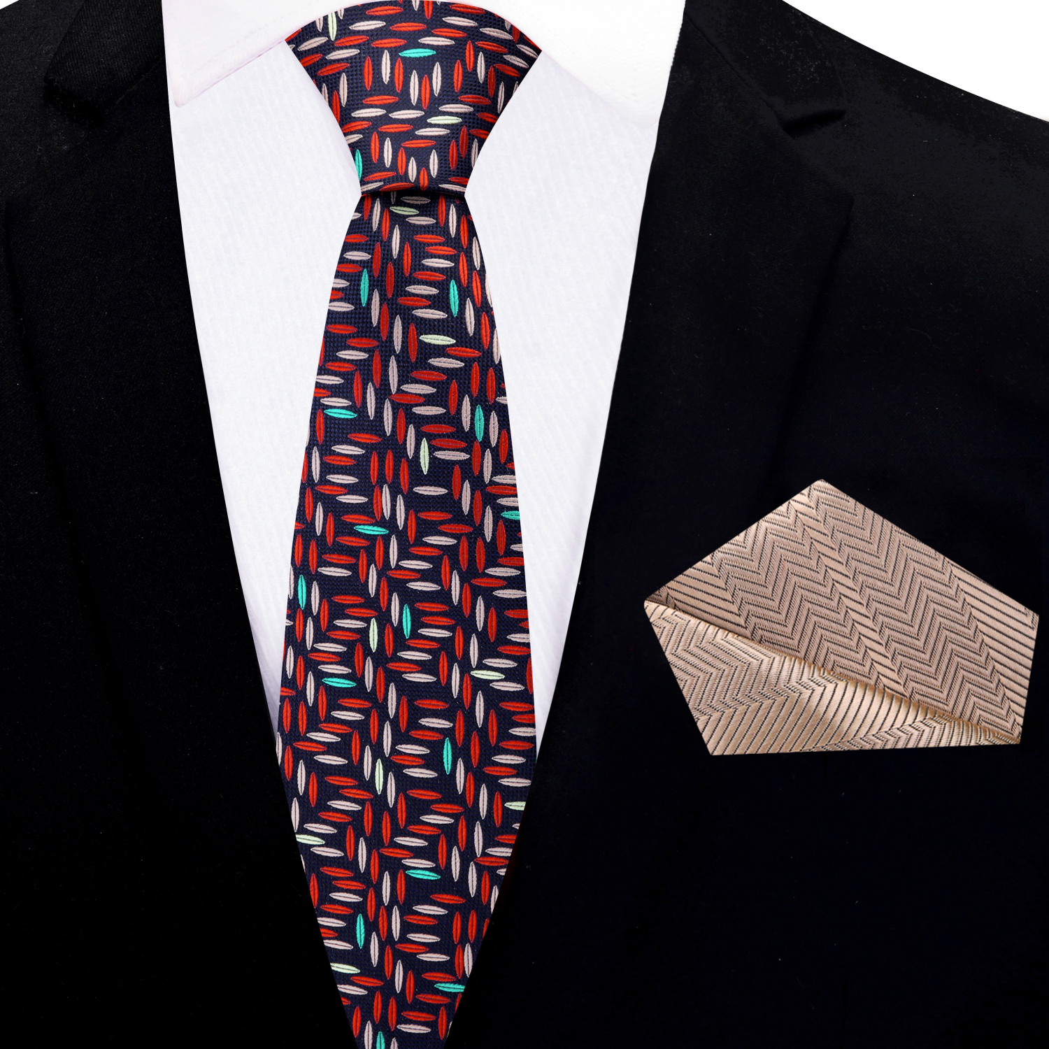 Thin dark blue, red and brown rice tie and light brown pocket square