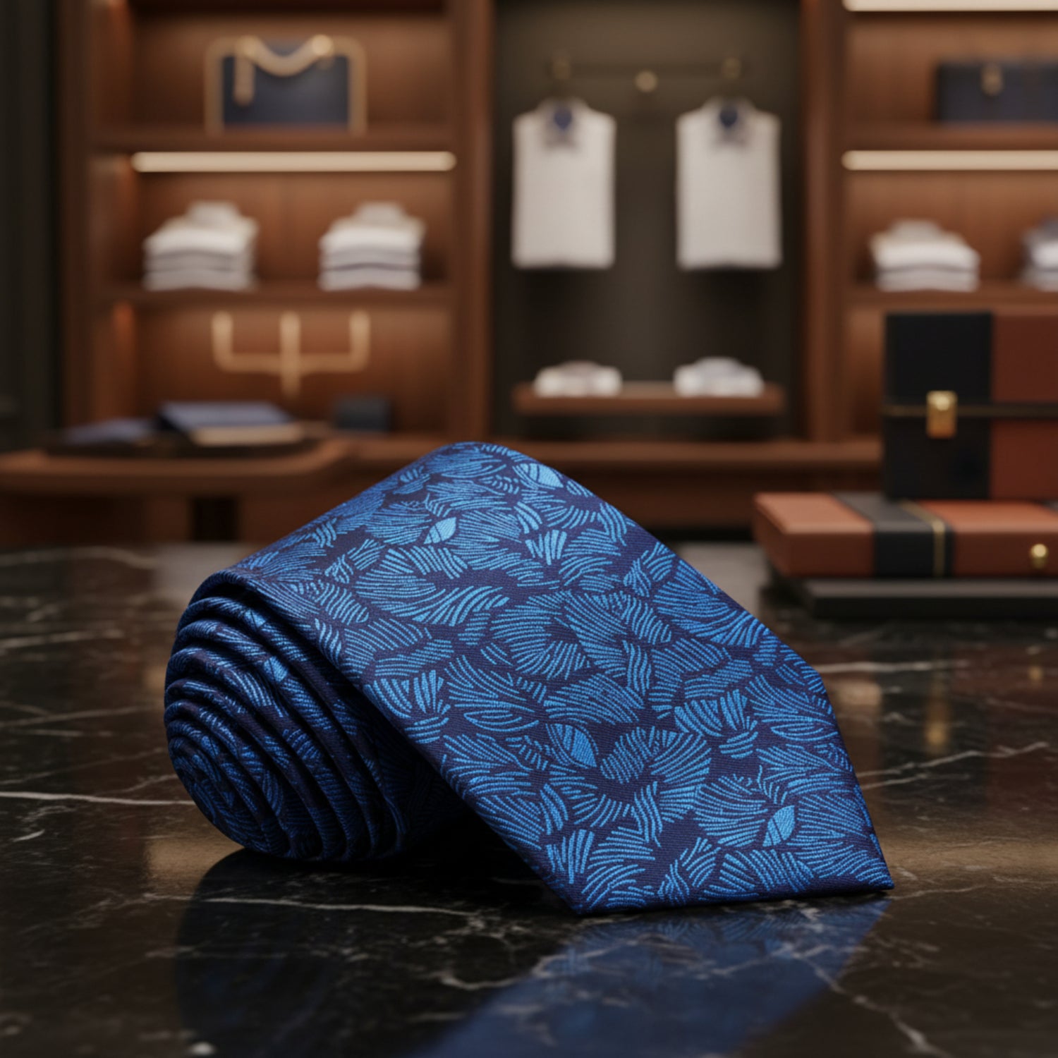 Dark Blue with Light Blue Palm Leaves Tie
