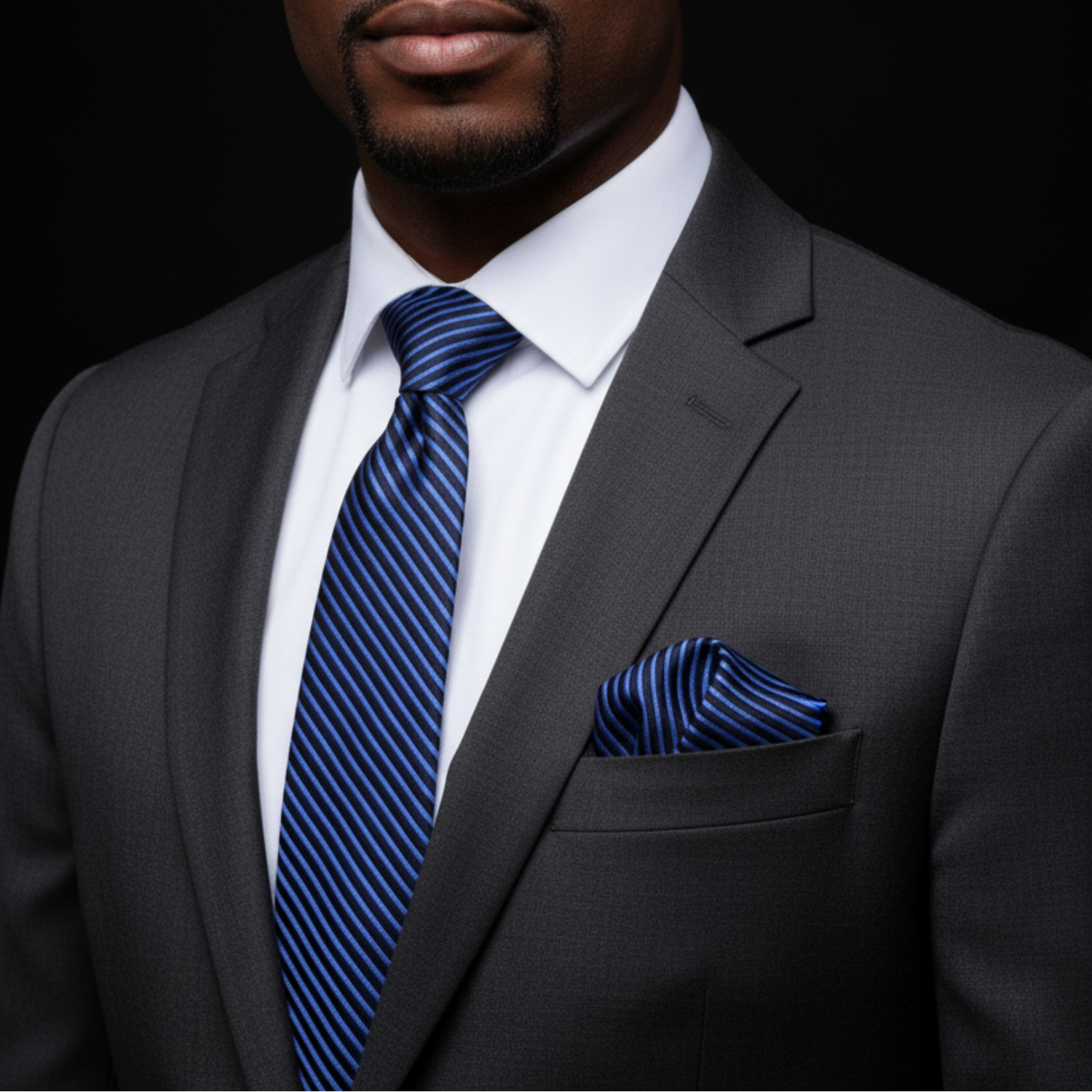 Man wearing a gray suit with a blue striped tie and pocket square on a black background