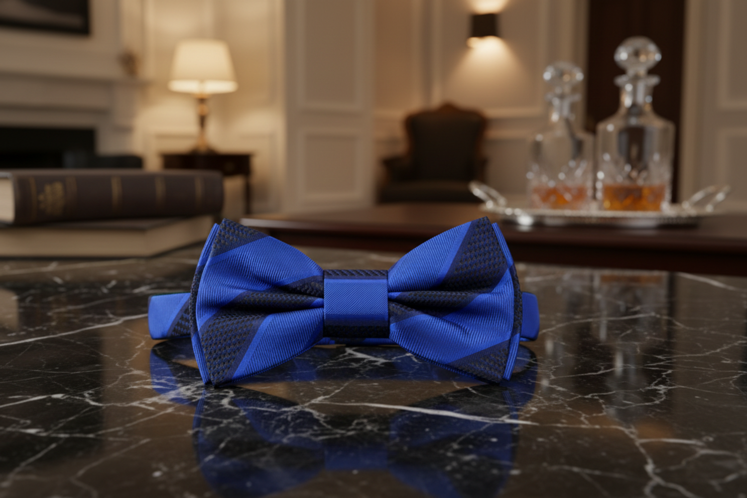 Dark Blue Block Stripe Bow Tie Pre Tied