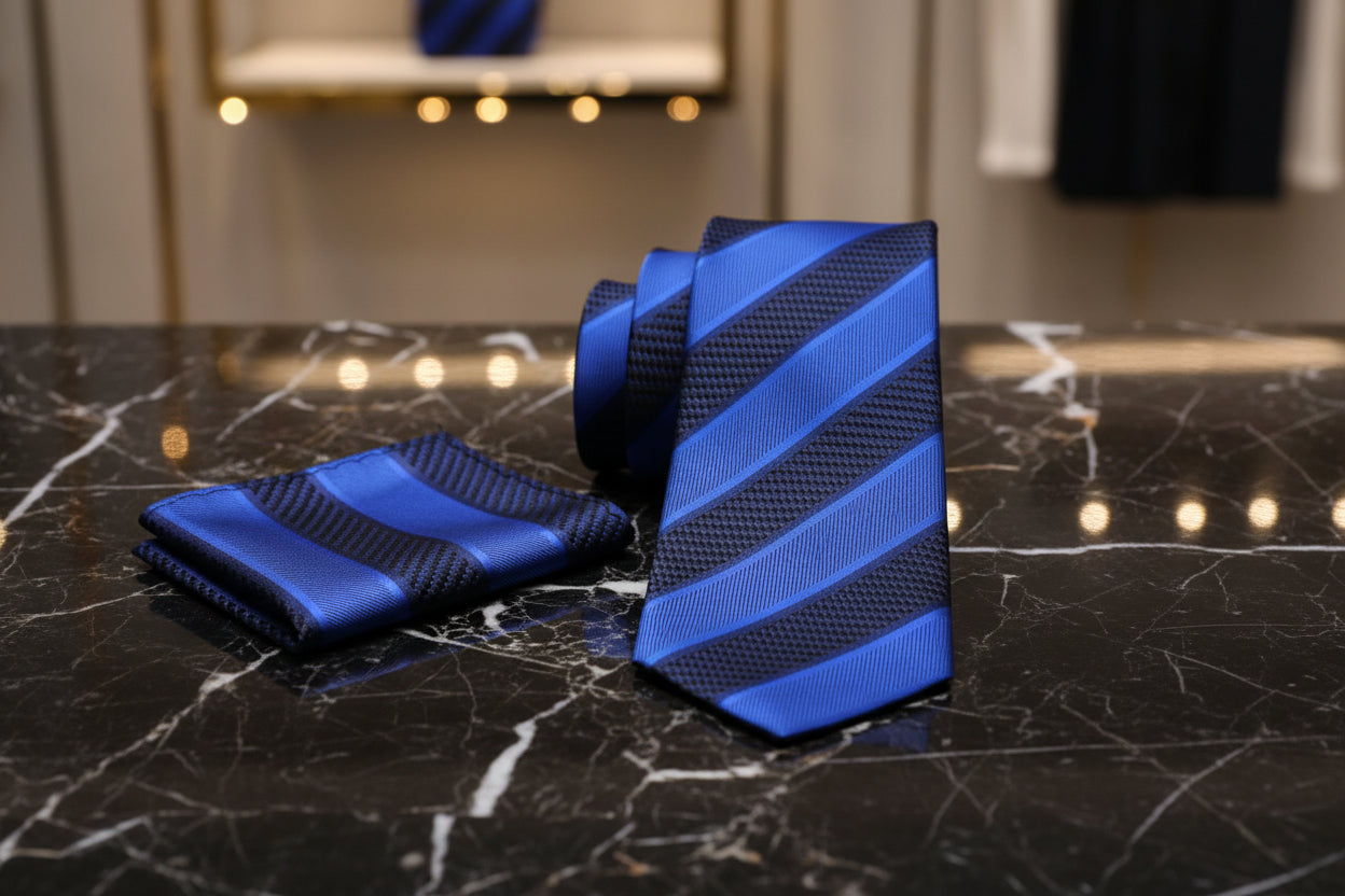 Alt Dark Blue Stripe Tie and Square||Dark Blue