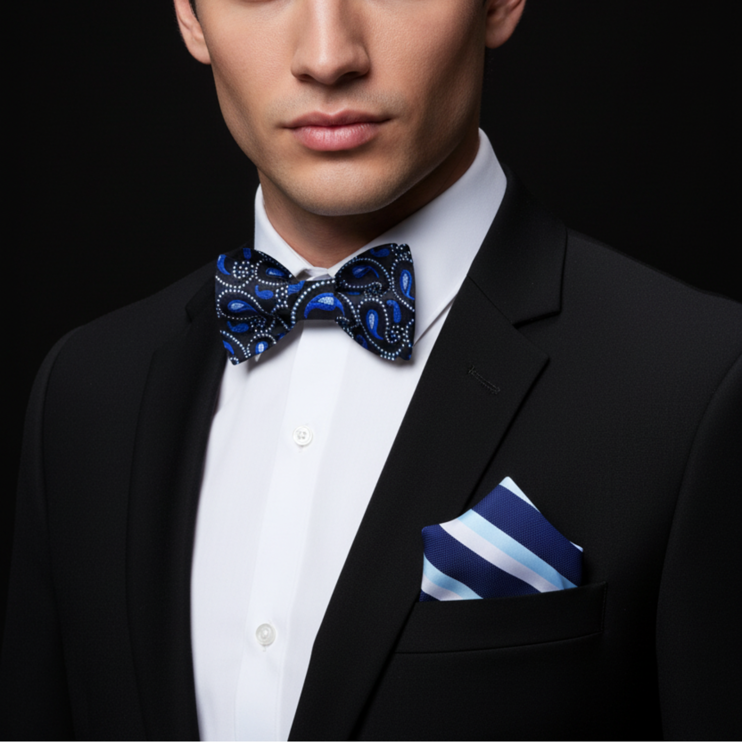 Man wearing a black suit with a blue bow tie and striped pocket square on a black background