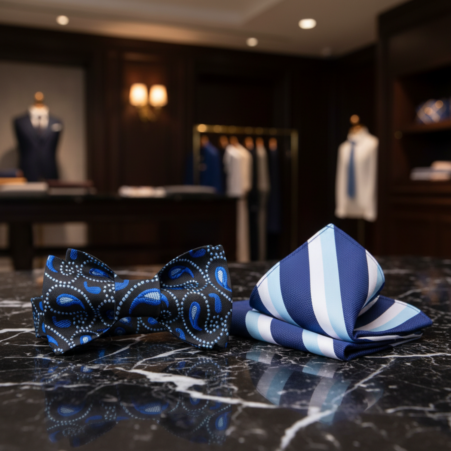 Blue Paisley Self Tie Bow Tie and Accenting Square