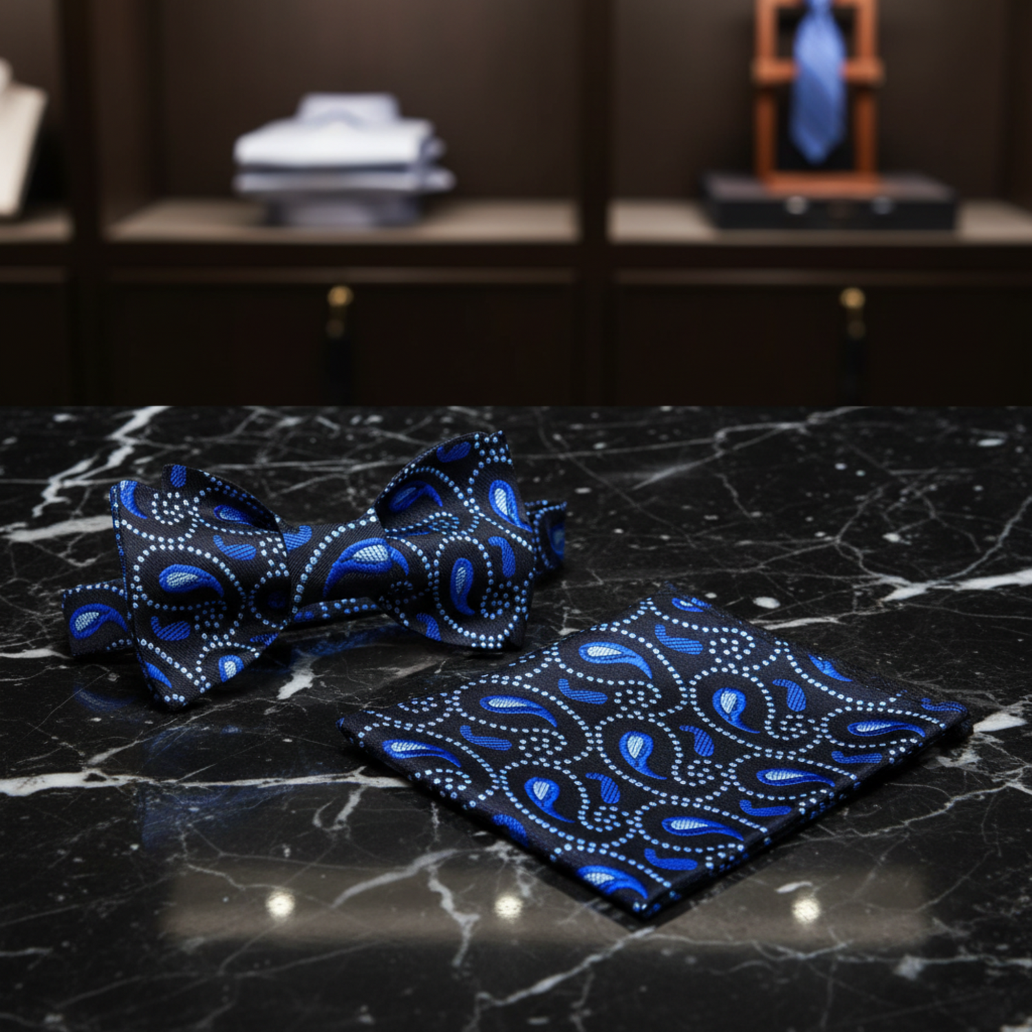 Blue Paisley Self Tie Bow Tie and Matching Square