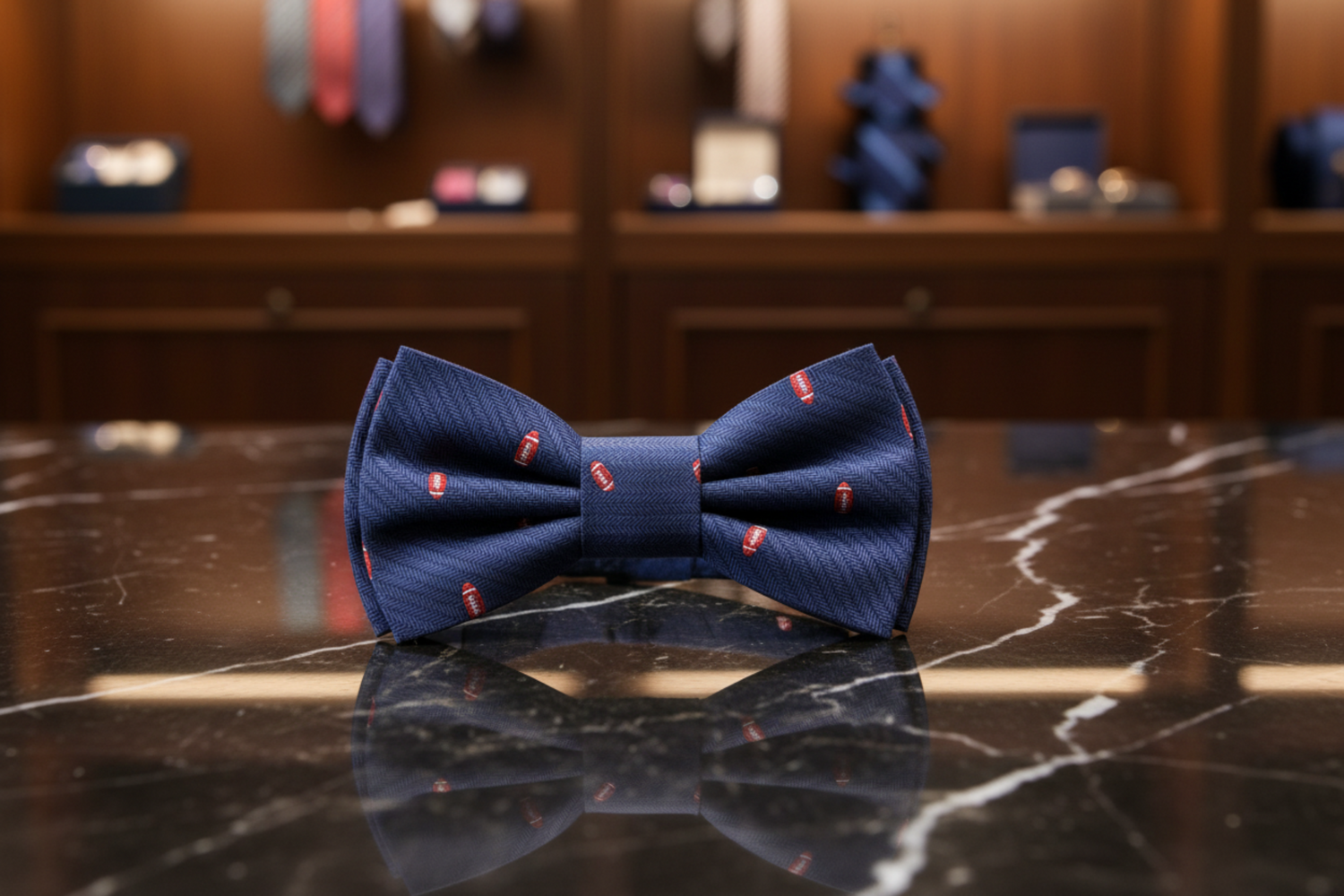 Deep Blue with Footballs Bow Tie Pre Tied