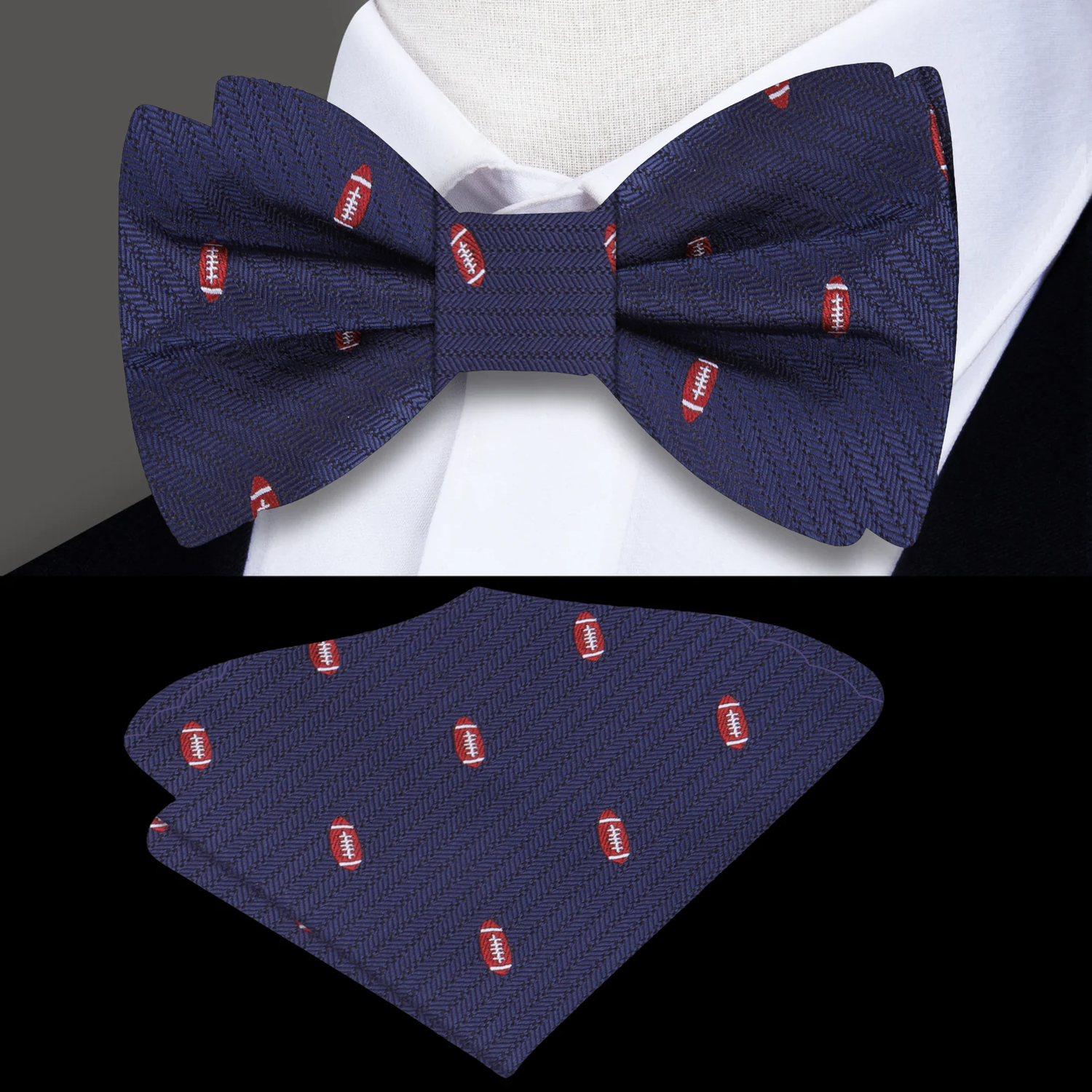 Deep Blue Silk with Footballs Bow Tie and Pocket Square
