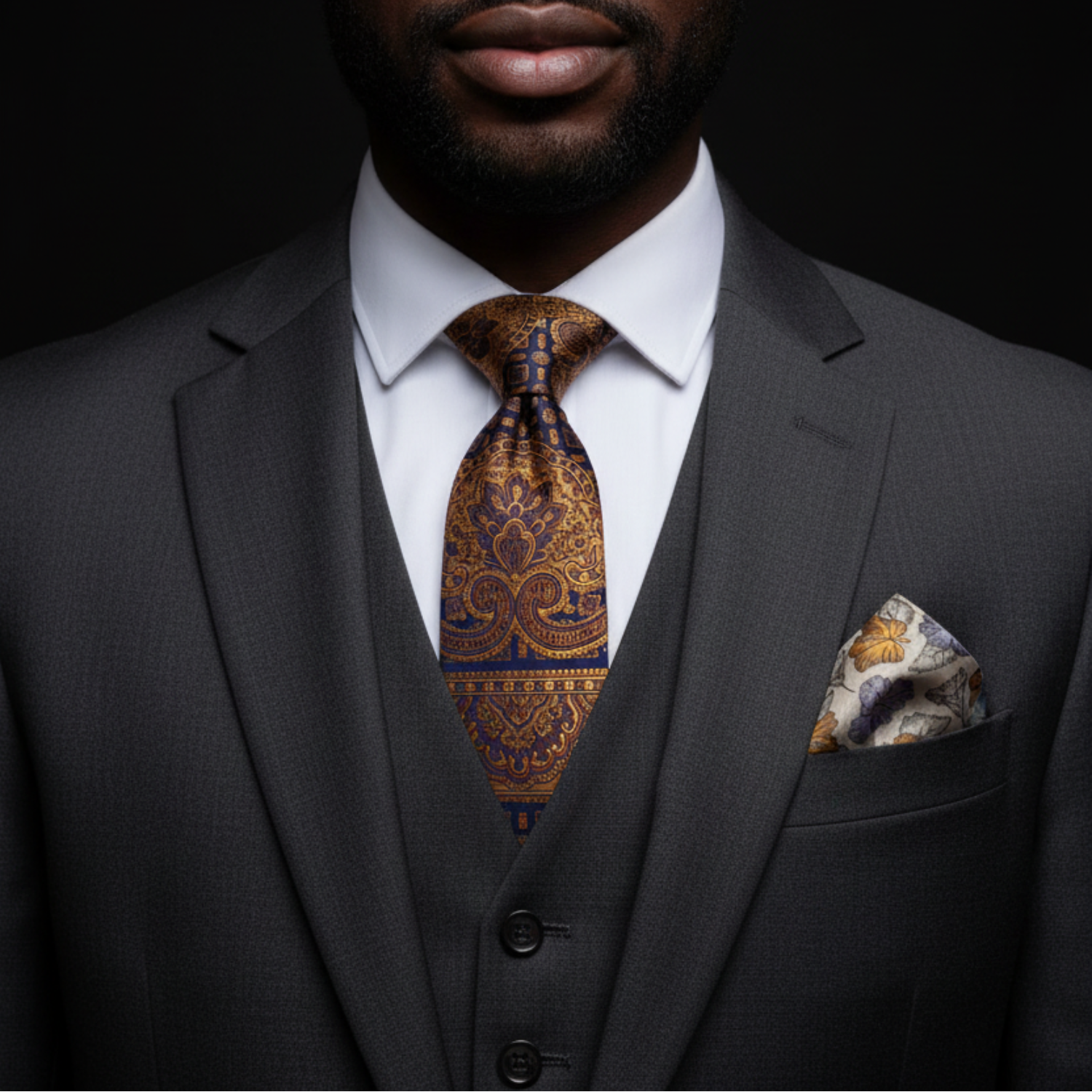 Royal Crest Necktie | Navy and Bronze Ornate Pattern Tie