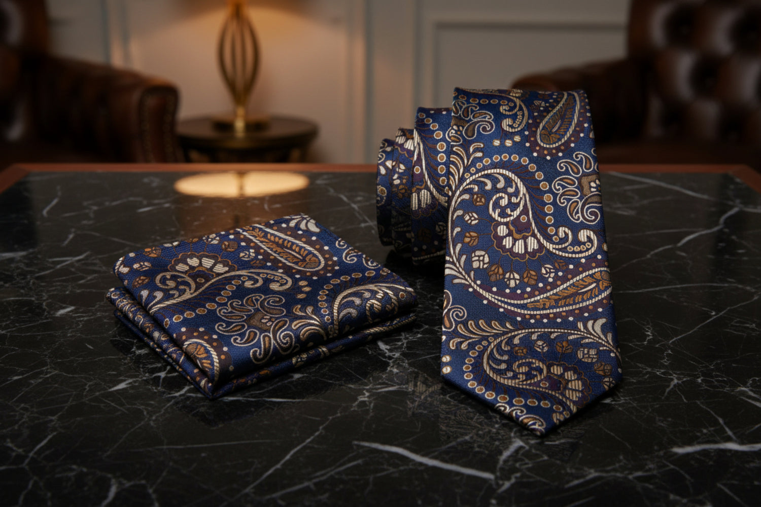 Alt paisley tie with blue, brown, and beige pattern and matching square