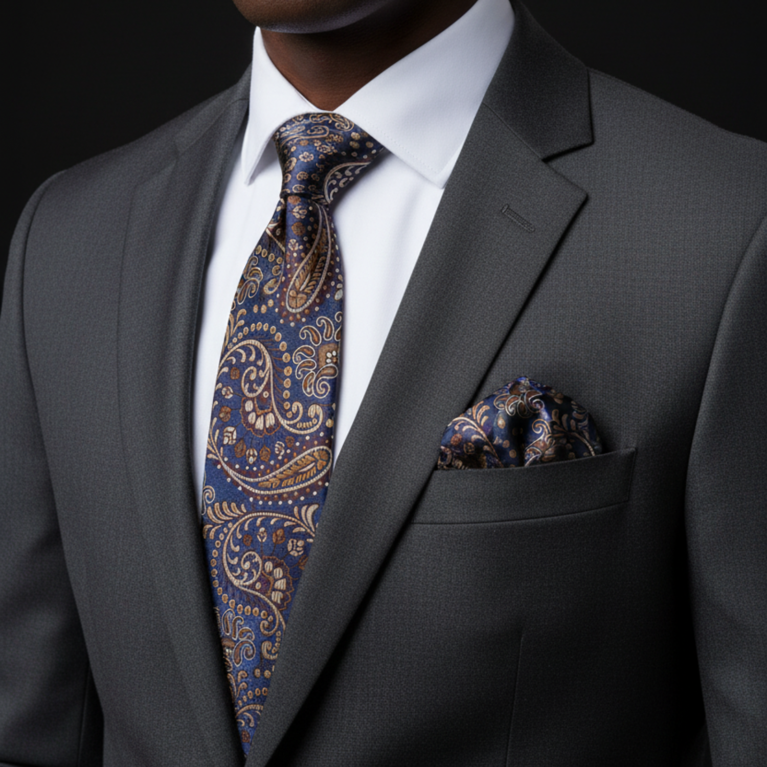 Man wearing a gray suit with a patterned tie and pocket square against a black background