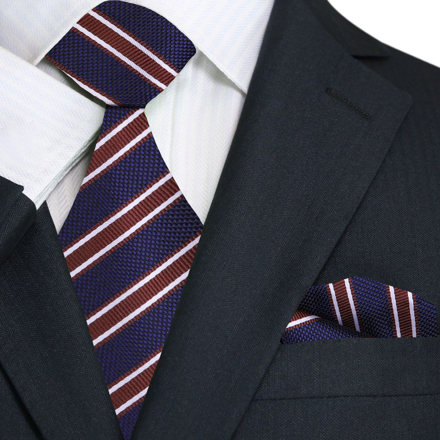 Blue, Brown and White Stripe Necktie and Square
