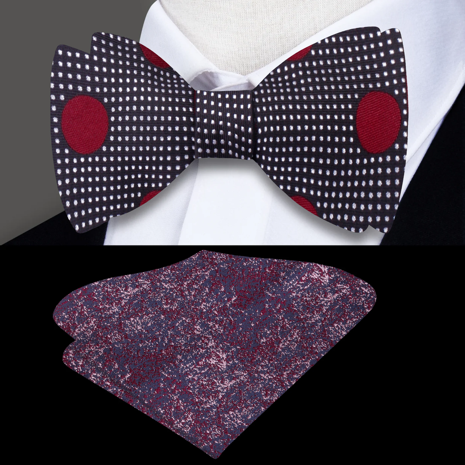 Deep Blue, Burgundy Polka Bow Tie and Accenting Pocket Square