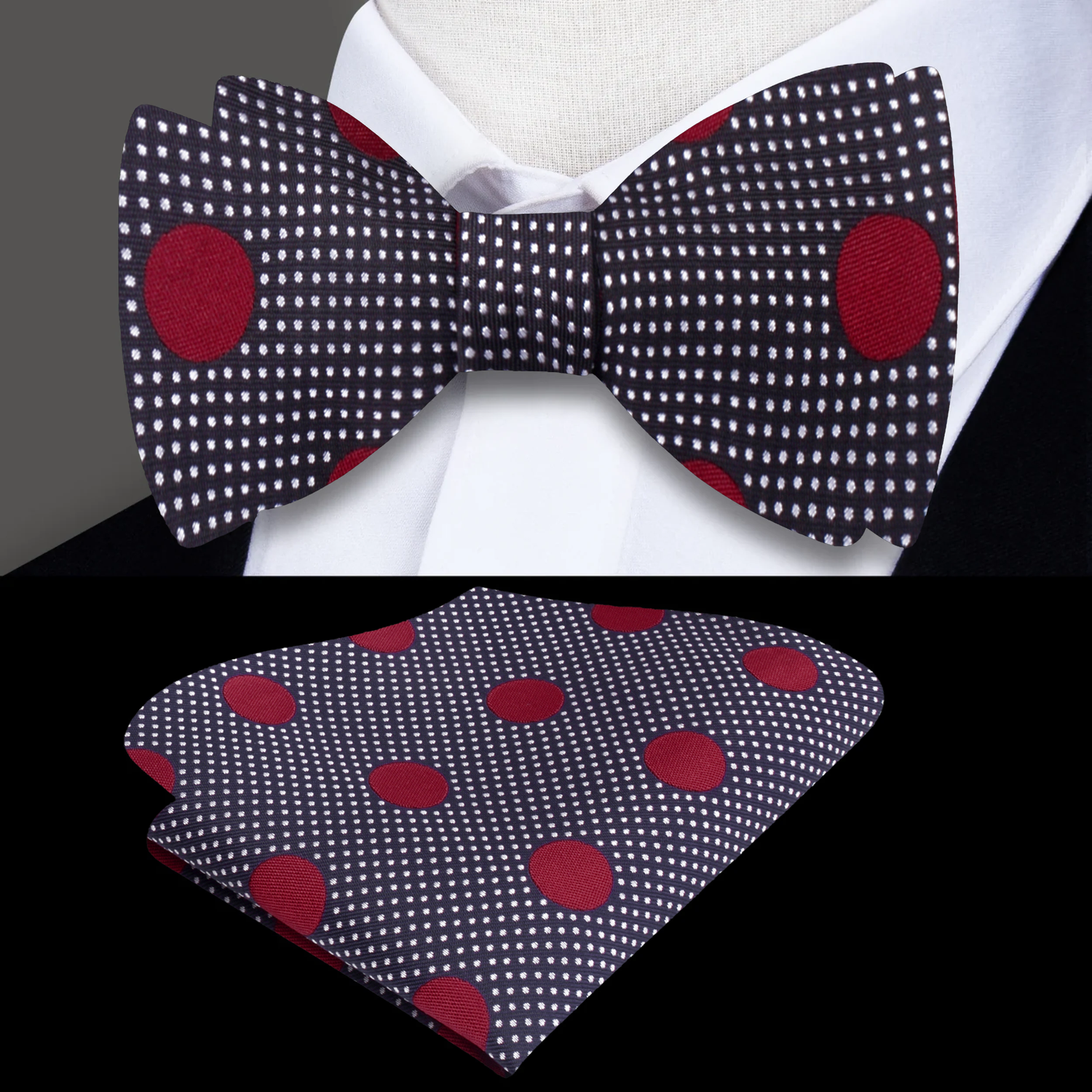 Deep Blue, Burgundy Polka Bow Tie and Pocket Square