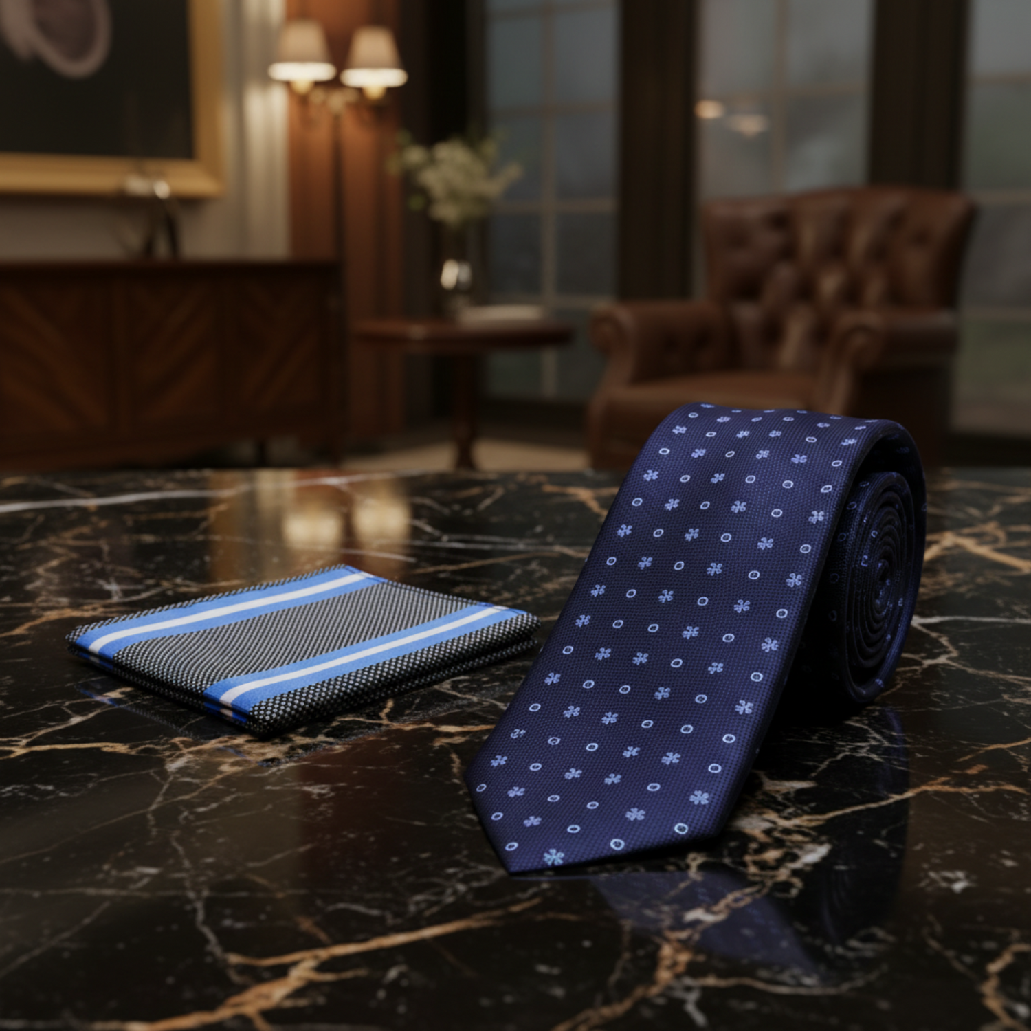 Alt Blue, Light Blue Dots and Bursts Necktie and Accenting Stripe Square