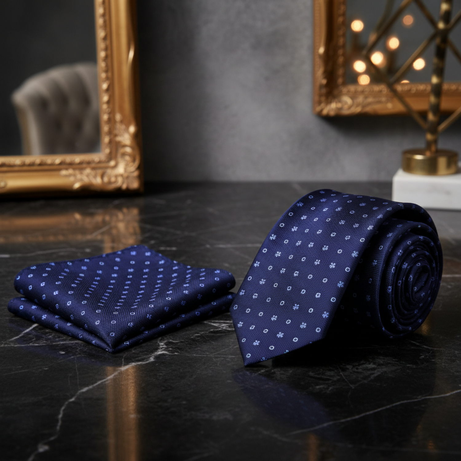 Blue, Light Blue Dots and Bursts Necktie and Matching Square