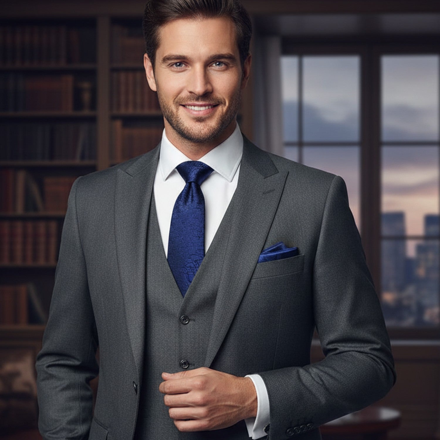 Man wearing a gray suit with a blue tie in an indoor setting