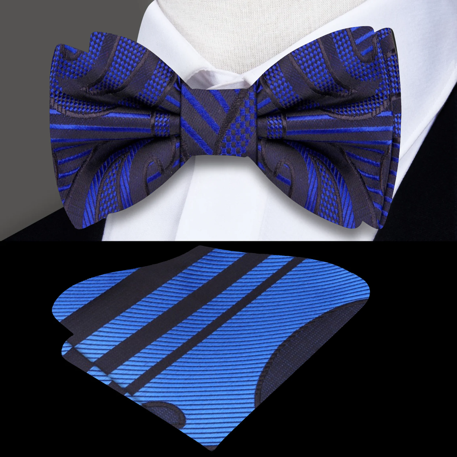 A Blue, Light Blue, Black Paisley Pattern Self Tie Bow Tie, Matching Pocket Square
