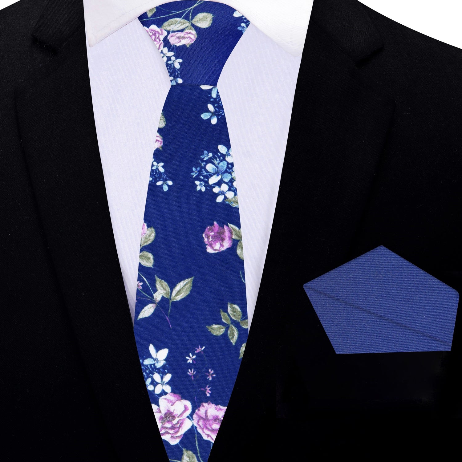 Thin Tie: Blue, Green, White Flowers Necktie and Blue Square