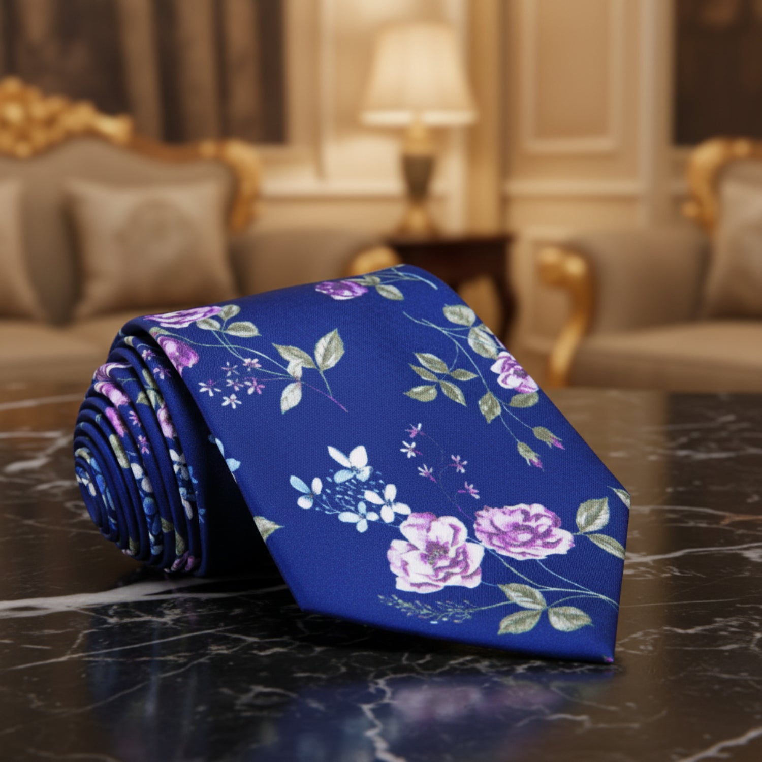 Single Tie: Blue, Green, White Flowers Necktie  