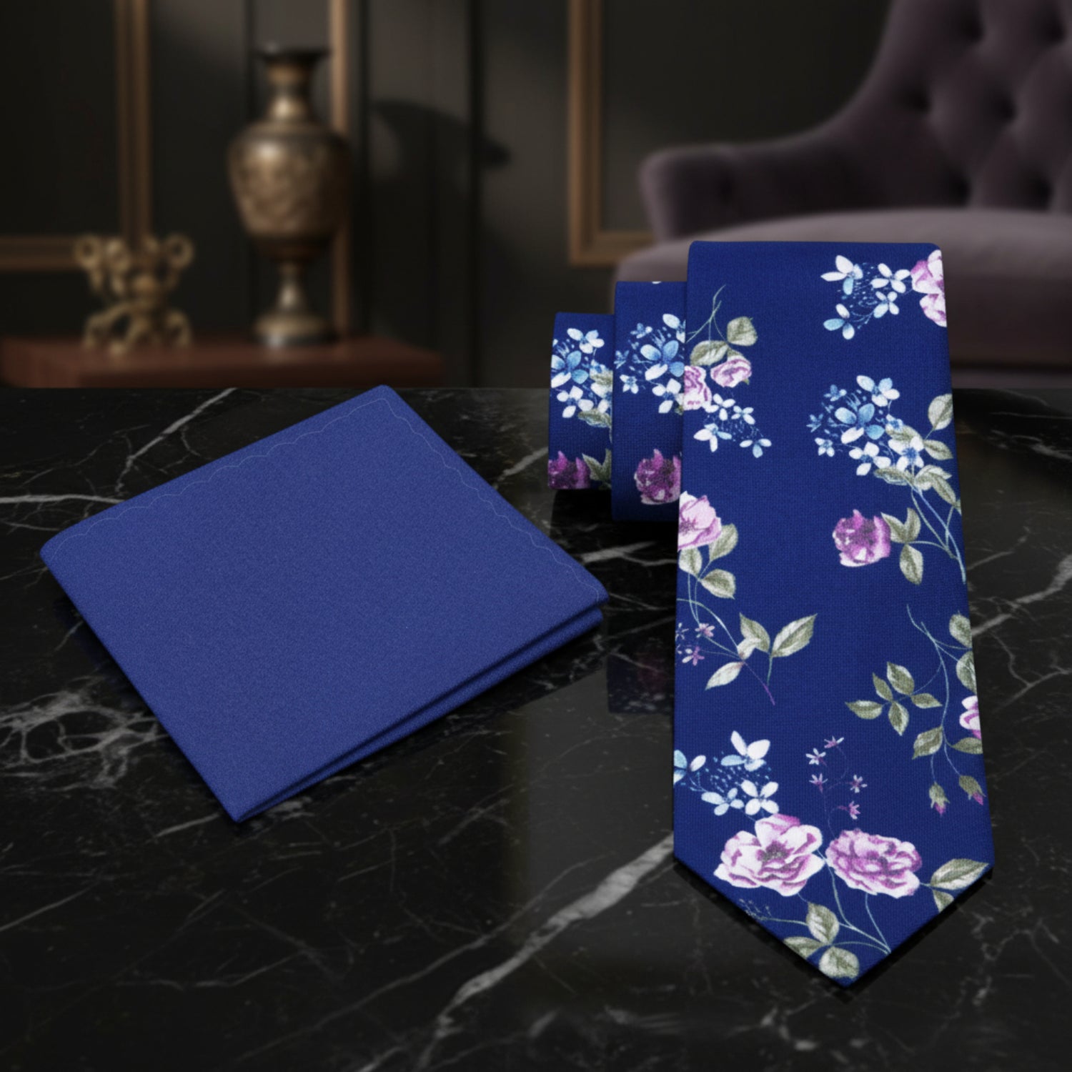 Alt View: Blue, Green, White Flowers Necktie and Blue Square