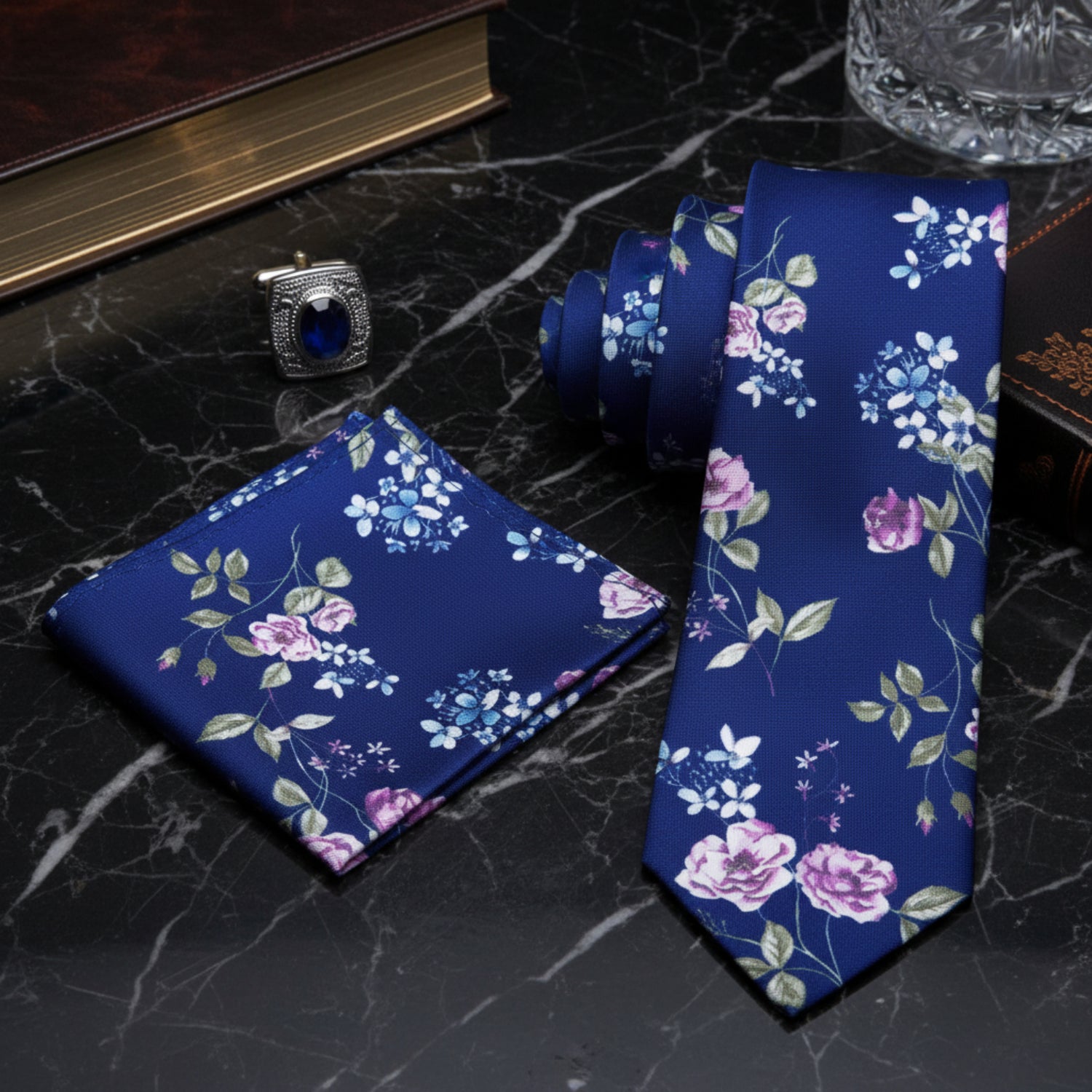 Alt View: Blue, Green, White Flowers Necktie and Matching Square