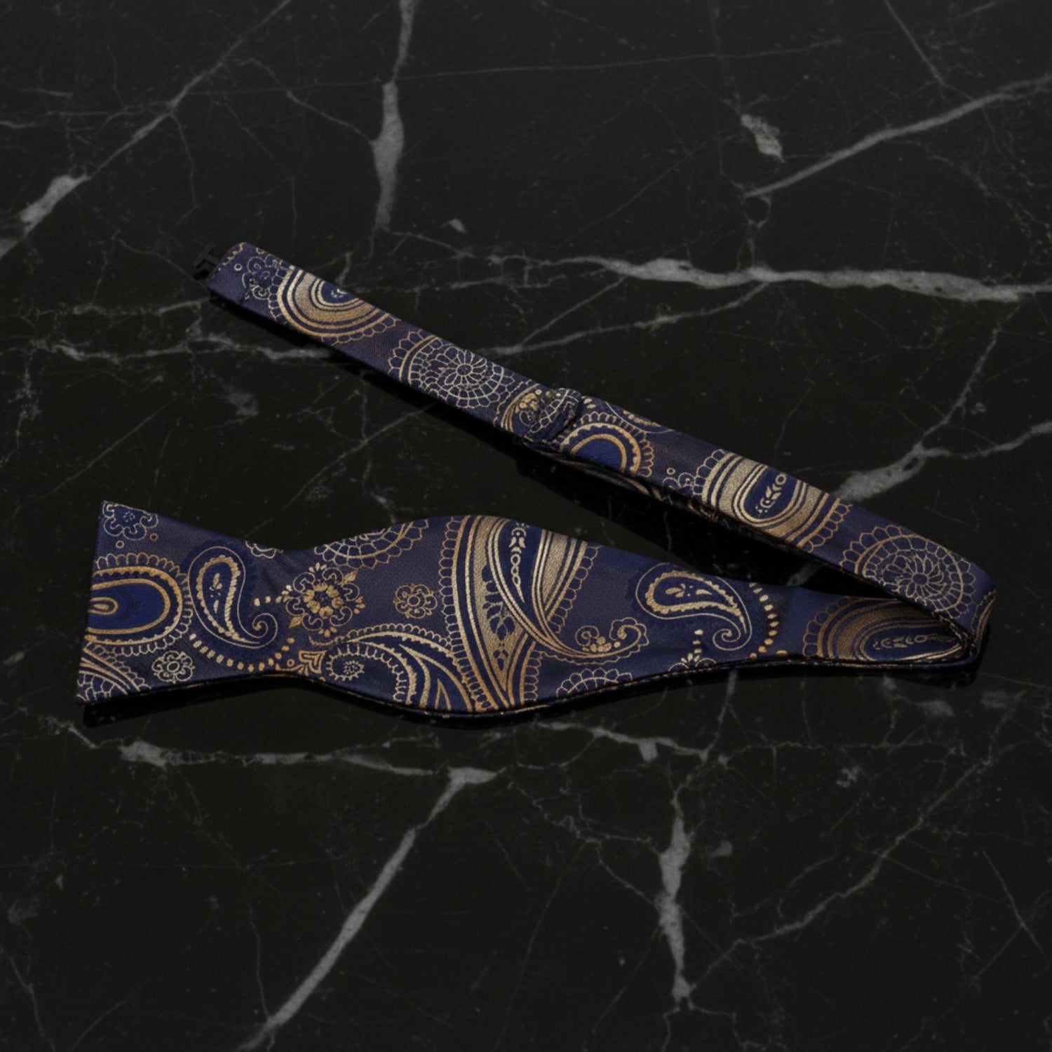 Dark Blue, Gold Paisley Self Tie Bow Tie