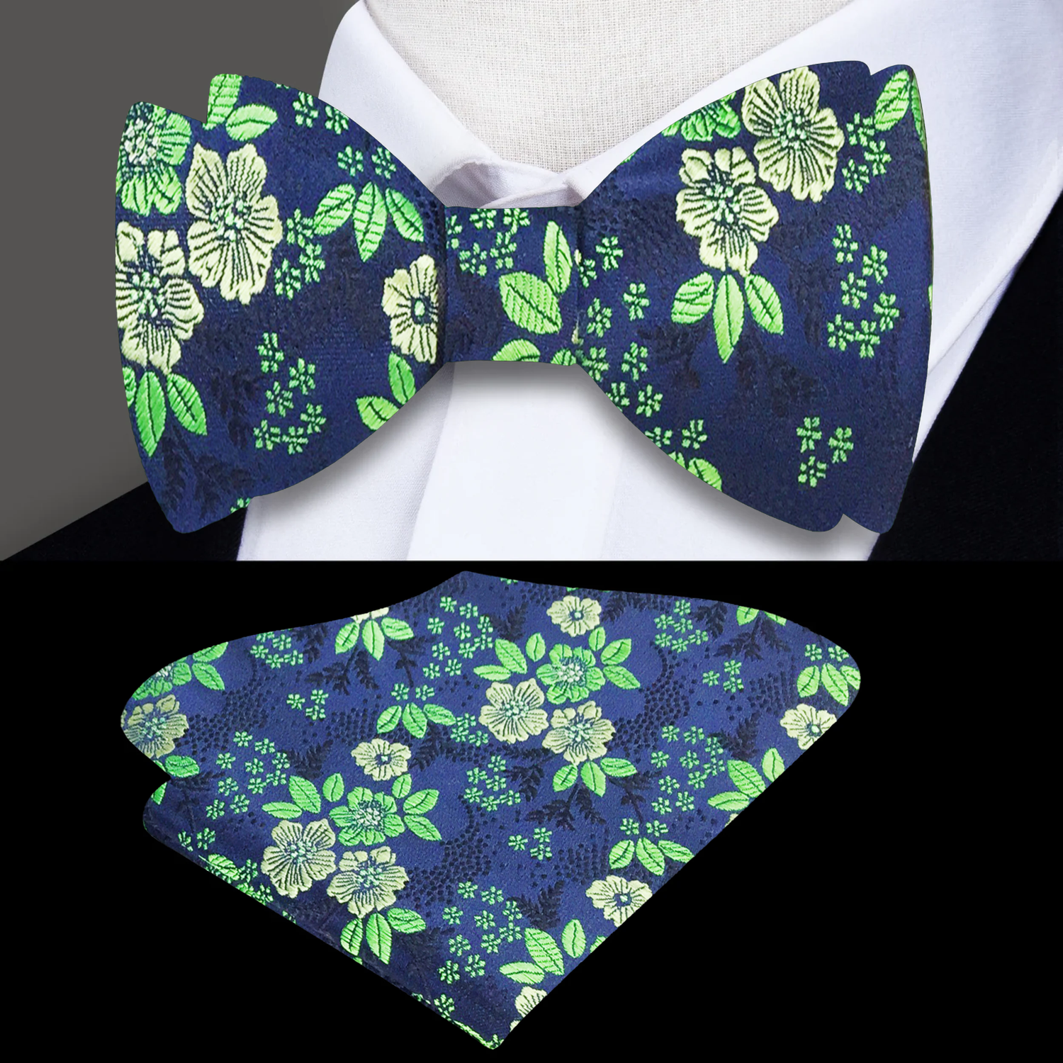 Dark Blue Green Original Floral Bow Tie and Square