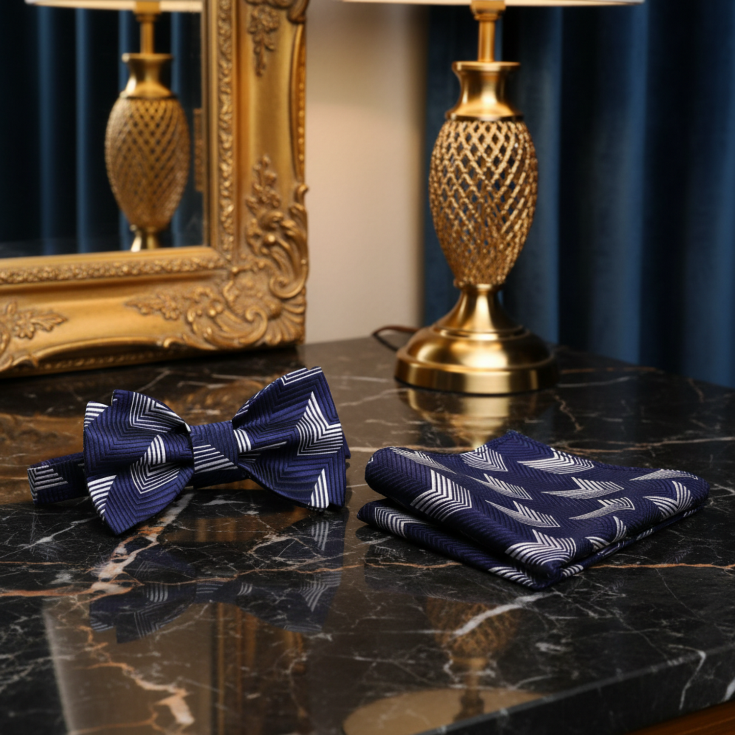 Blue Grey Lines Bow Tie and Pocket Square||Blue