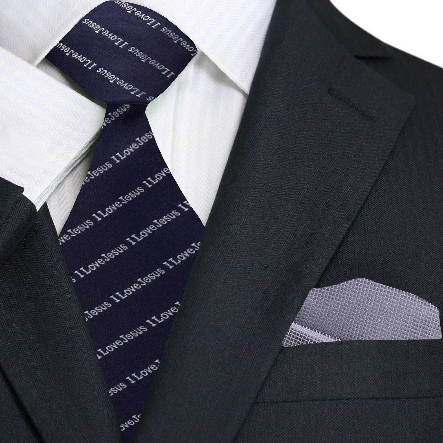 Main Navy Blue, Grey "I love Jesus" Tie and Grey Square