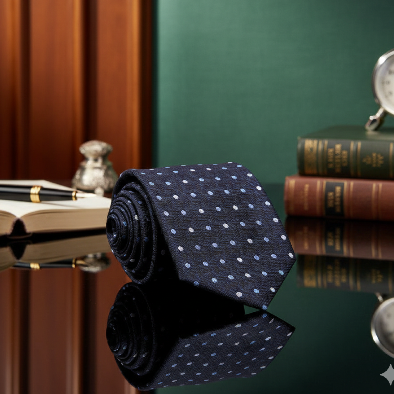 Black tie with white polka dots on a reflective surface with books and a clock in the background.