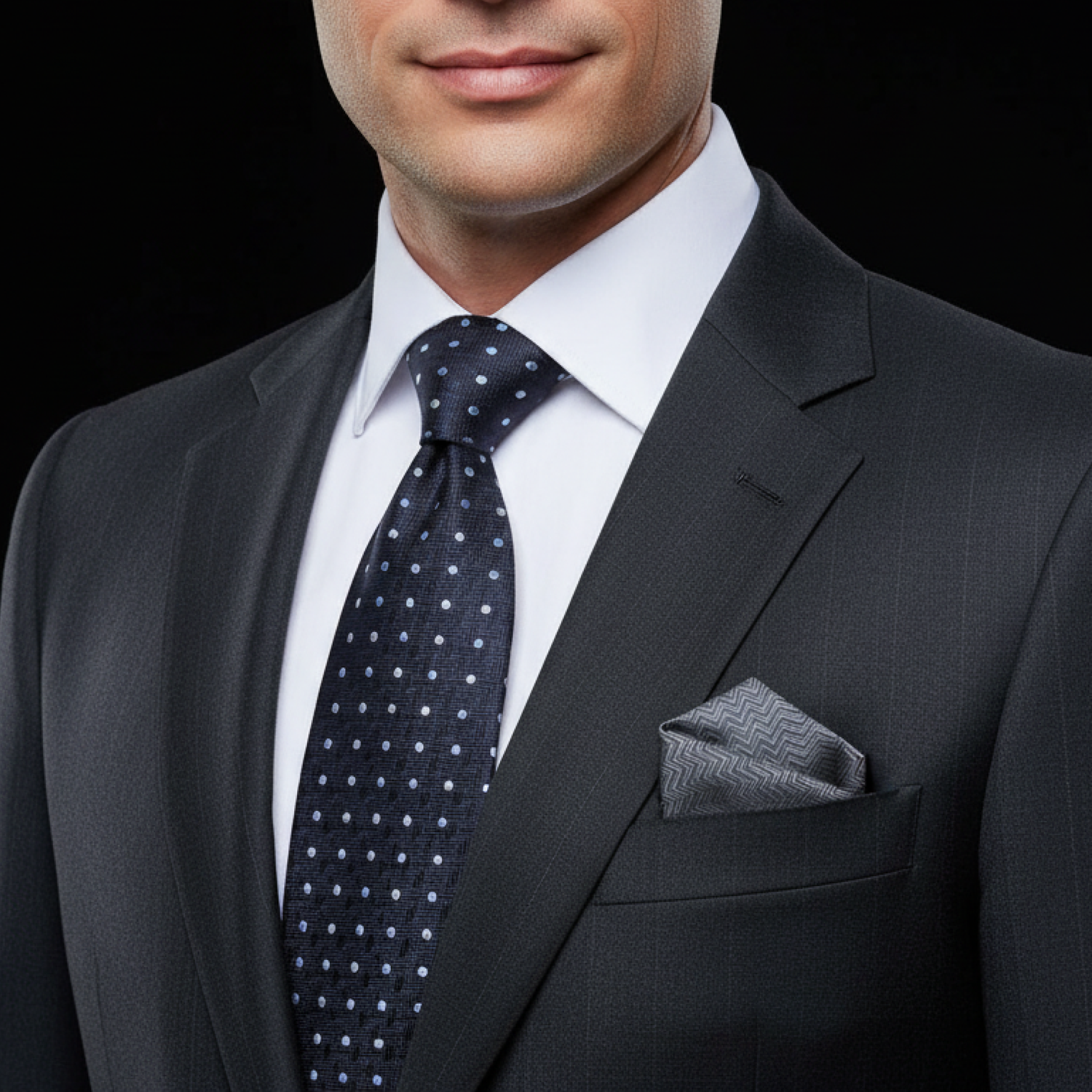 Blue Dot Tie and Accenting Square on man