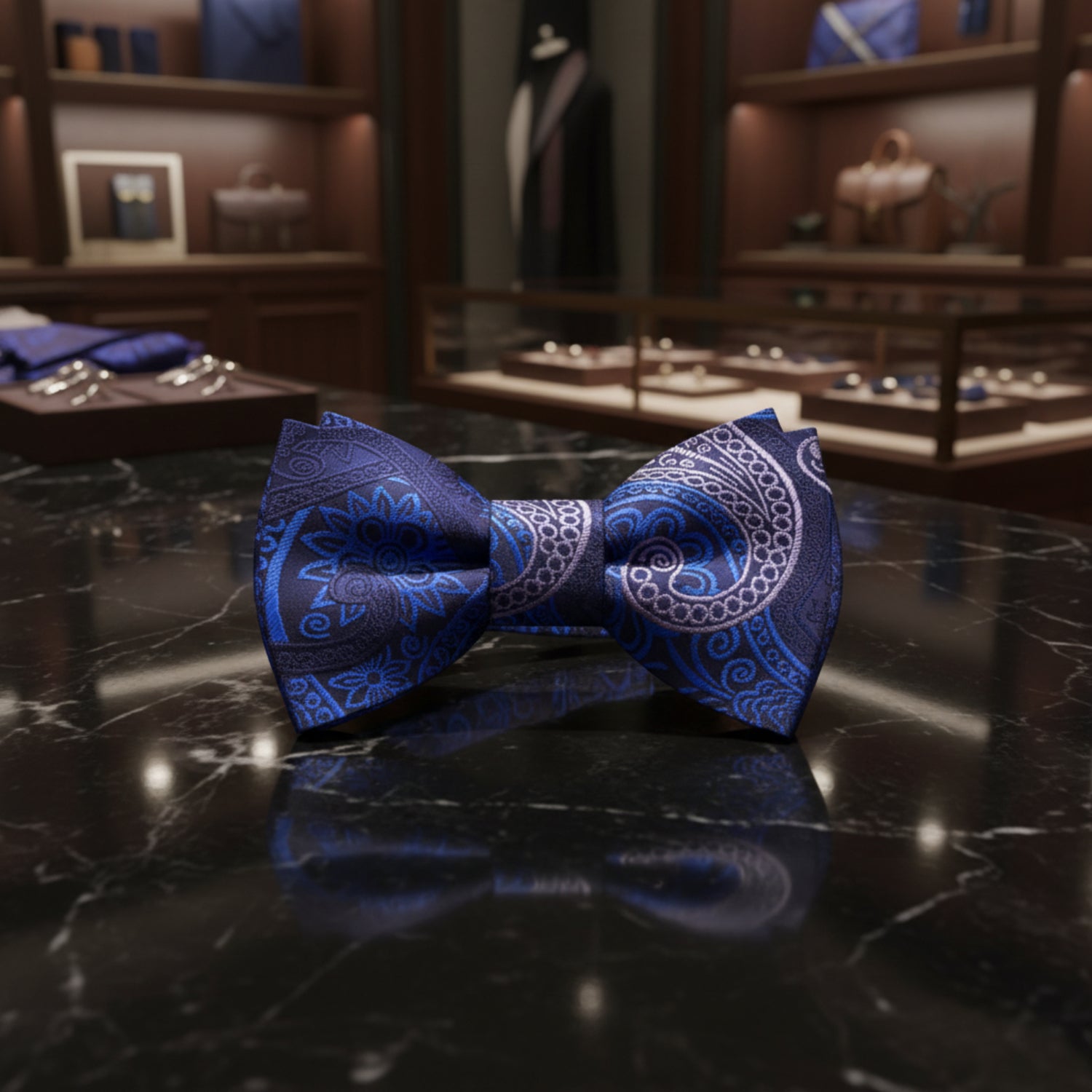 Blue paisley bow tie