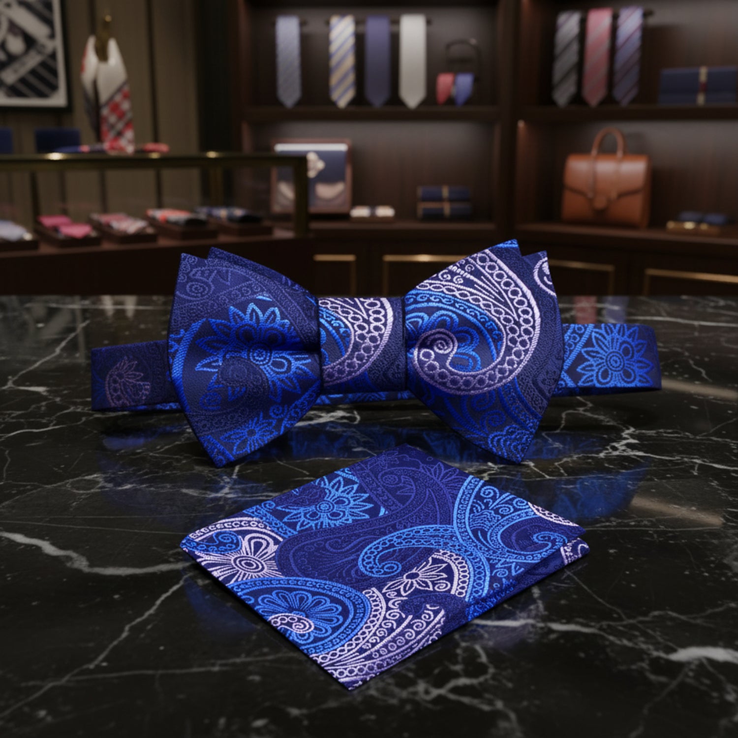 Blue paisley bow tie and square 