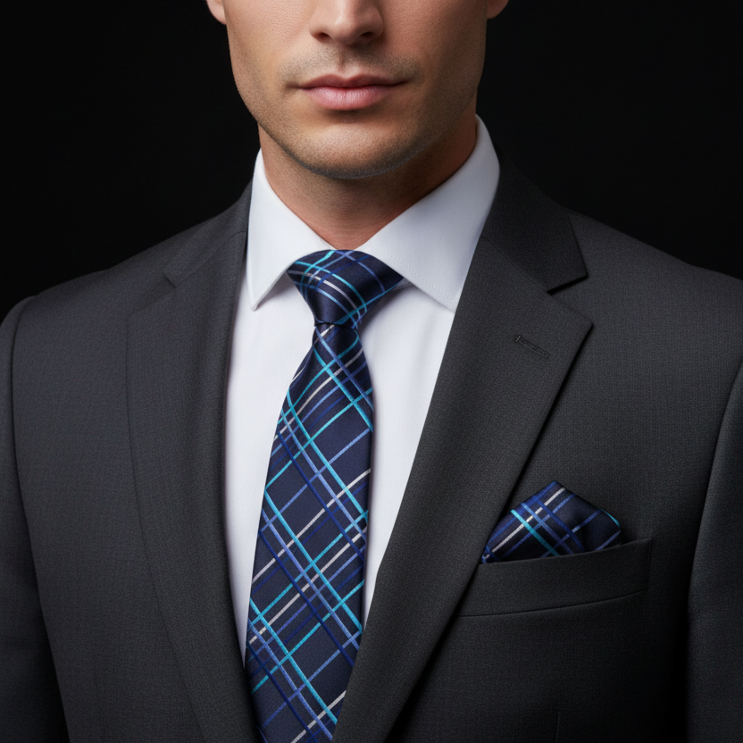 Man wearing a dark suit with a blue plaid tie and pocket square on a black background