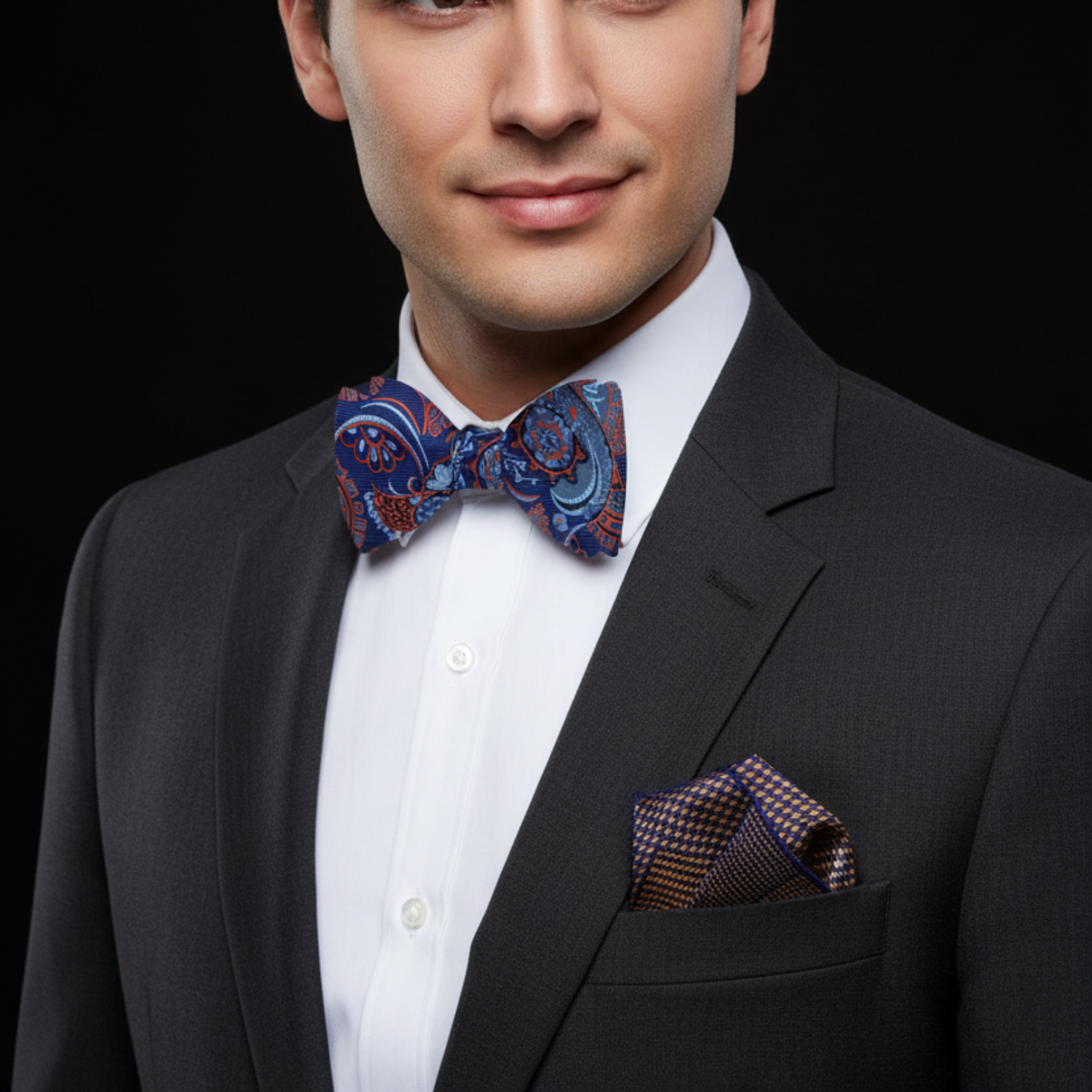 Man wearing a black suit with a colorful bow tie and pocket square on a black background