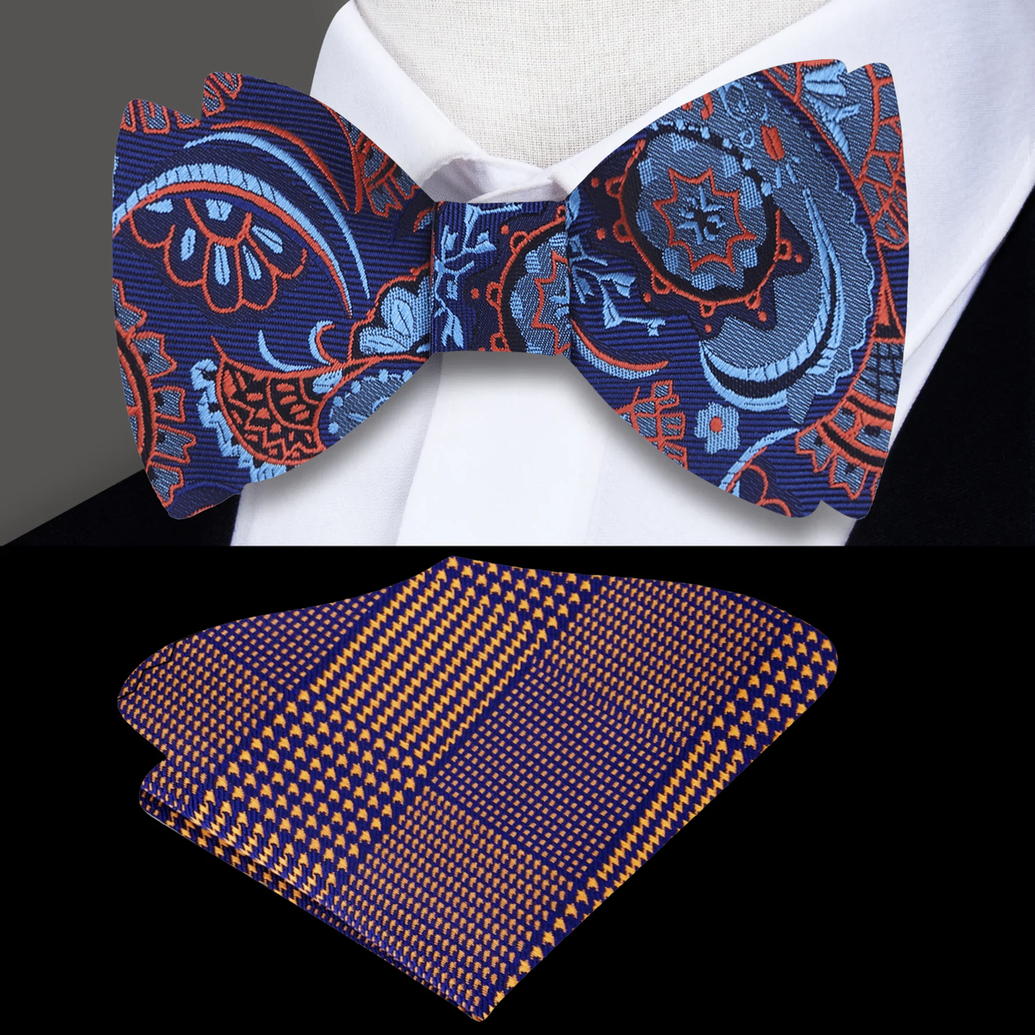 Main: A Blue, Orange Paisley Pattern Silk Self Tie Bow Tie, Accenting Pocket Square  