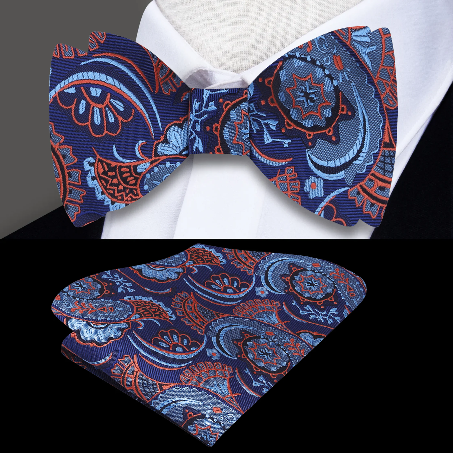 Main: A Blue, Orange Paisley Pattern Silk Self Tie Bow Tie, Matching Pocket Square ||Blue, Coral Orange, Black