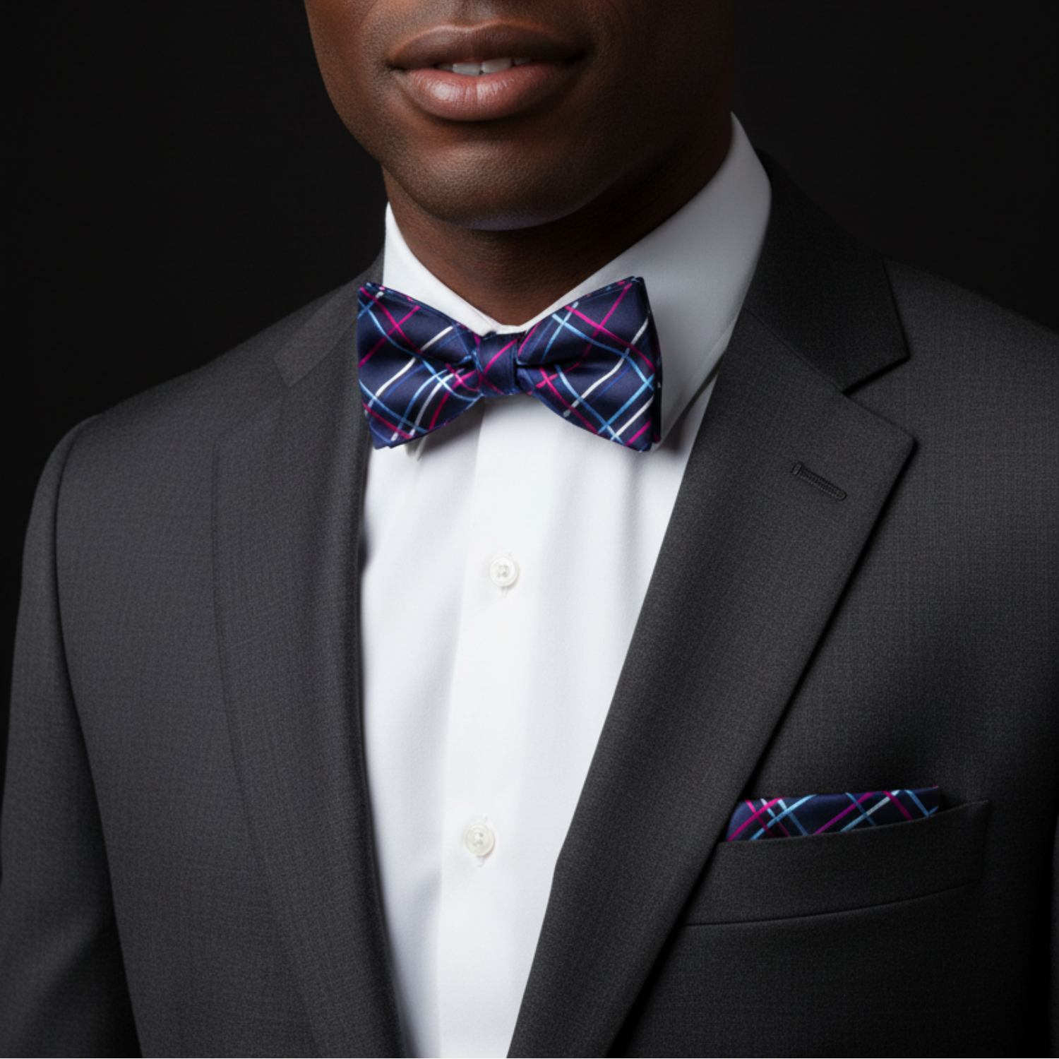 Navy Plaid Self-Tie Bow Tie with Color Accents